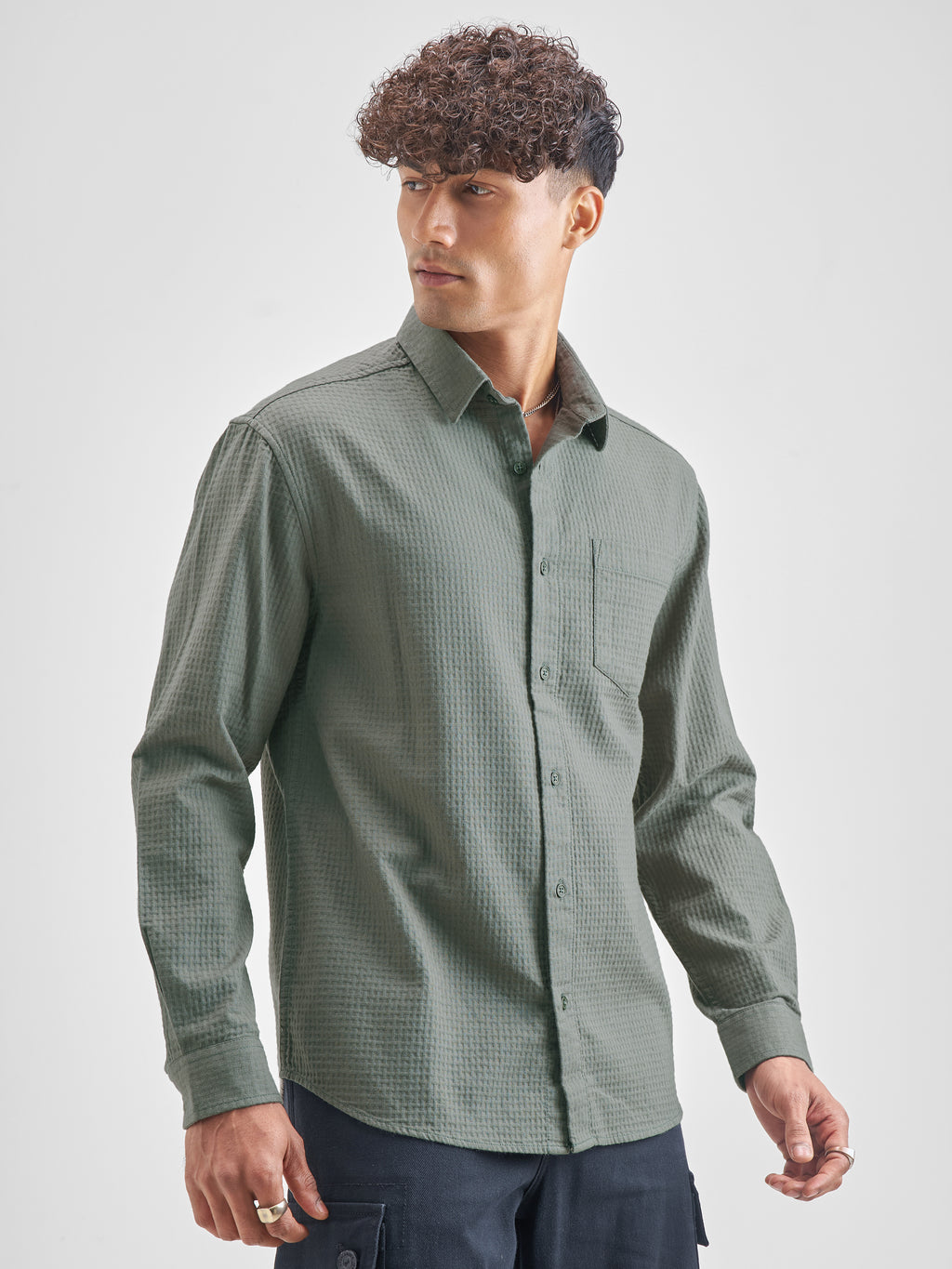 Highlander Men Olive Self Design Relaxed Fit Casual Shirt - Olive - Image 6