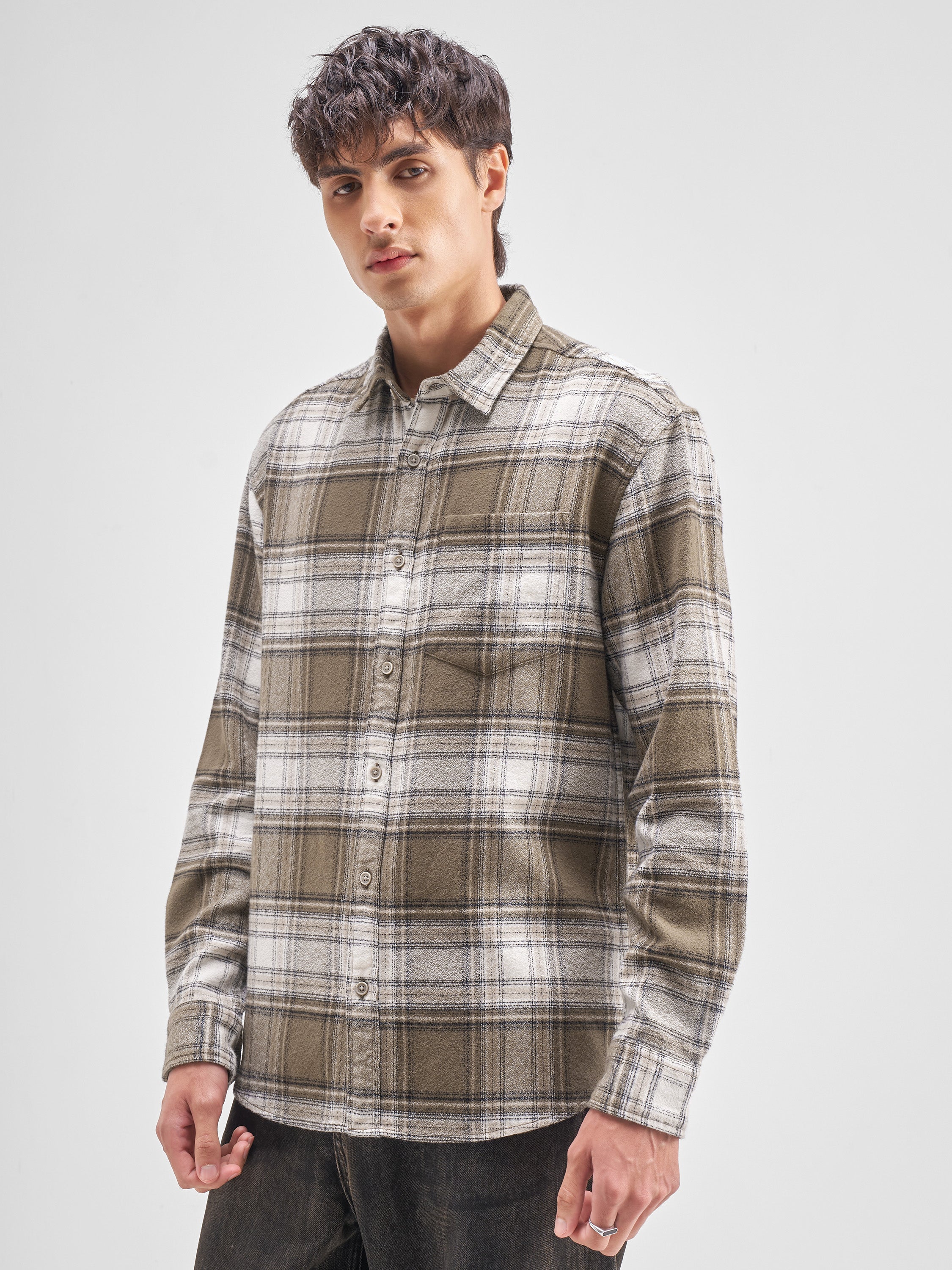 Highlander Men Beige Checked Relaxed Fit Casual Shirt - Beige - Image 4