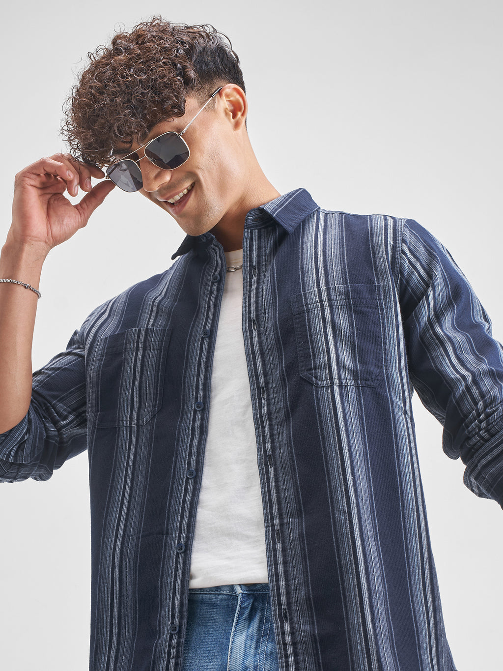 Highlander Men Navy Blue Striped Slim Fit Casual Shirt - Navy Blue - Image 1