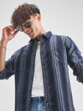 Highlander Men Navy Blue Striped Slim Fit Casual Shirt - Navy Blue - Image 1