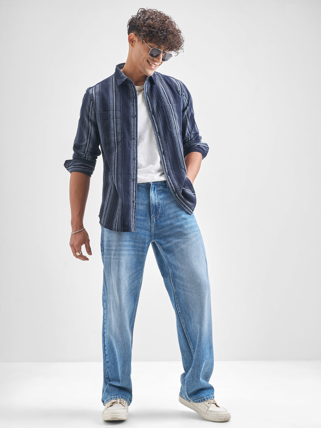 Highlander Men Navy Blue Striped Slim Fit Casual Shirt - Navy Blue - Image 2