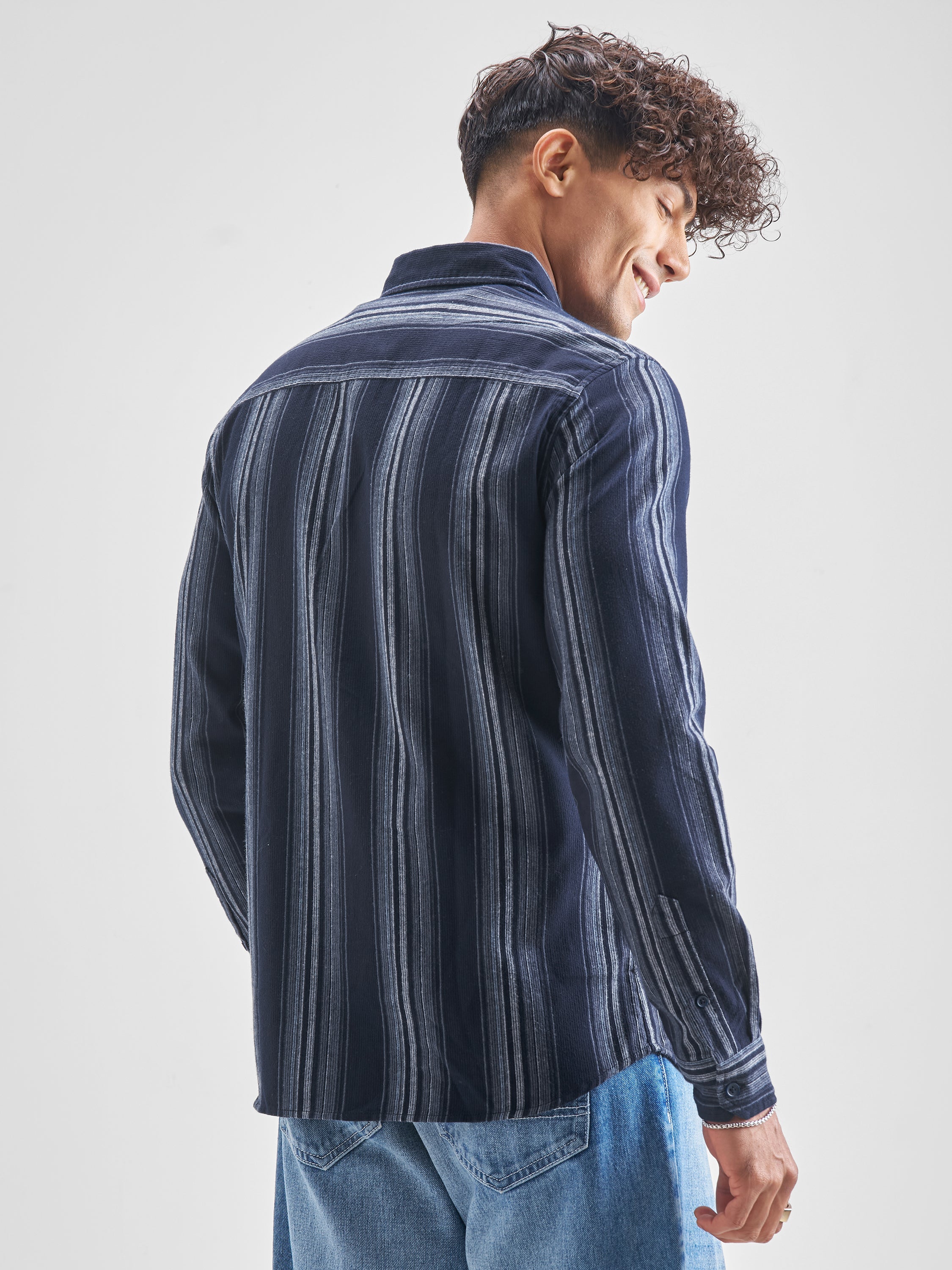 Highlander Men Navy Blue Striped Slim Fit Casual Shirt - Navy Blue - Image 3