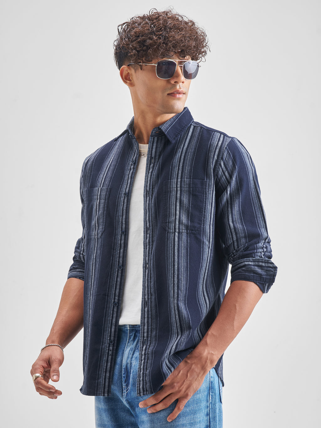 Highlander Men Navy Blue Striped Slim Fit Casual Shirt - Navy Blue - Image 4