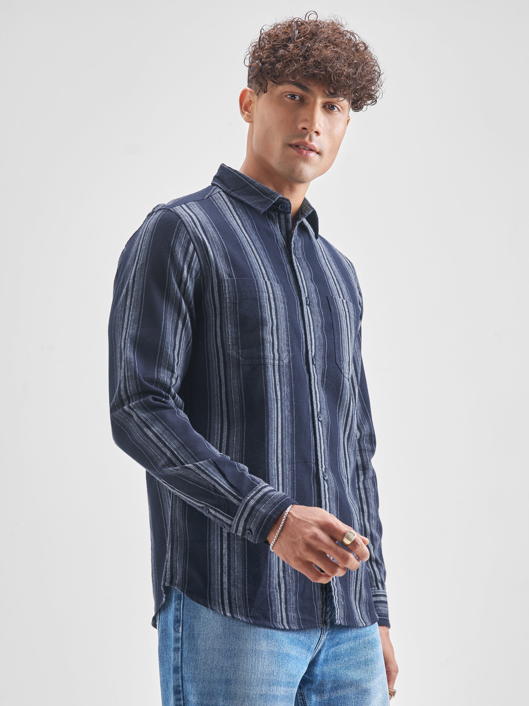 Highlander Men Navy Blue Striped Slim Fit Casual Shirt - Navy Blue - Image 6
