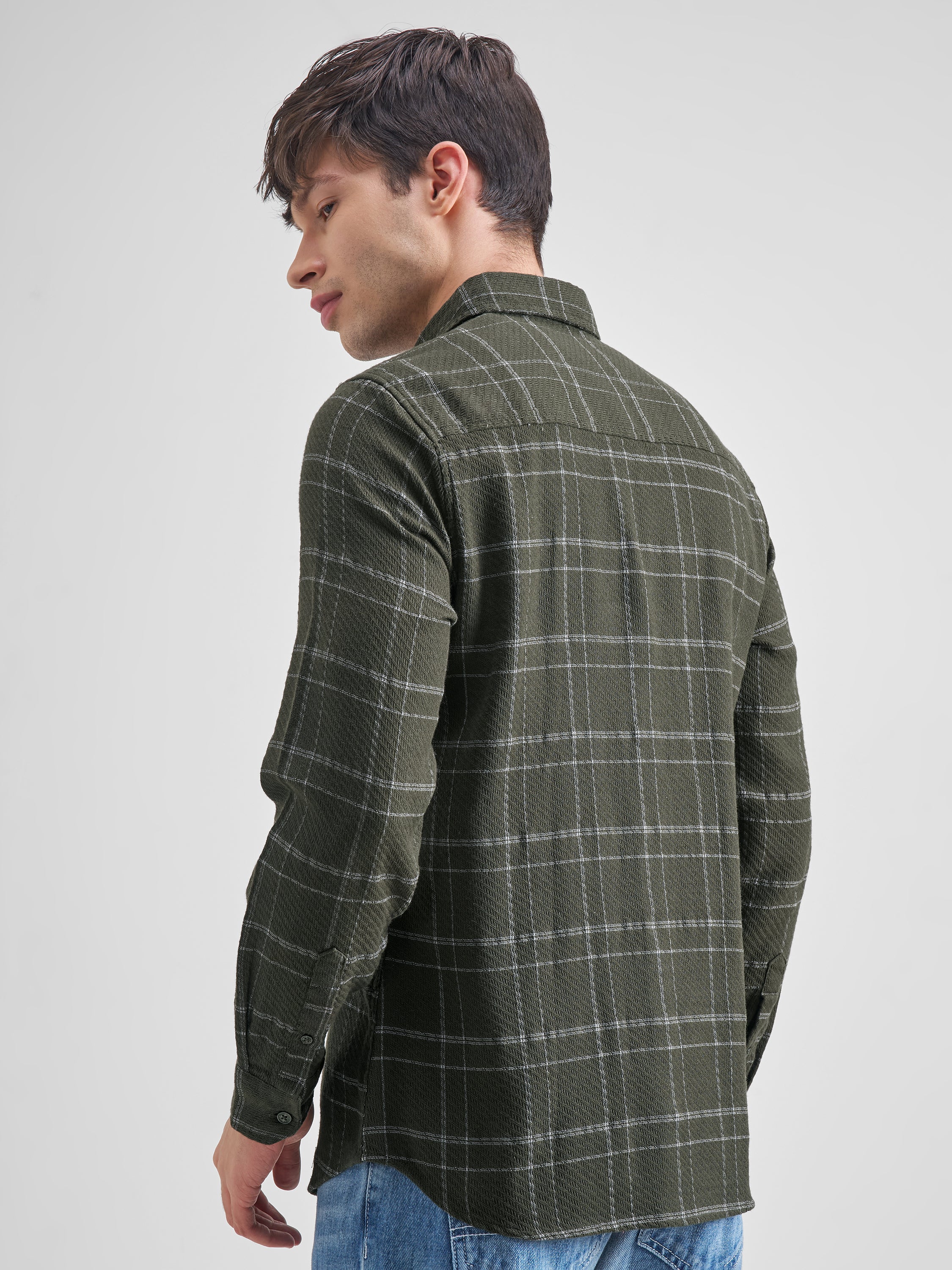 Highlander Men Green Checked Slim Fit Casual Shirt - Green - Image 3