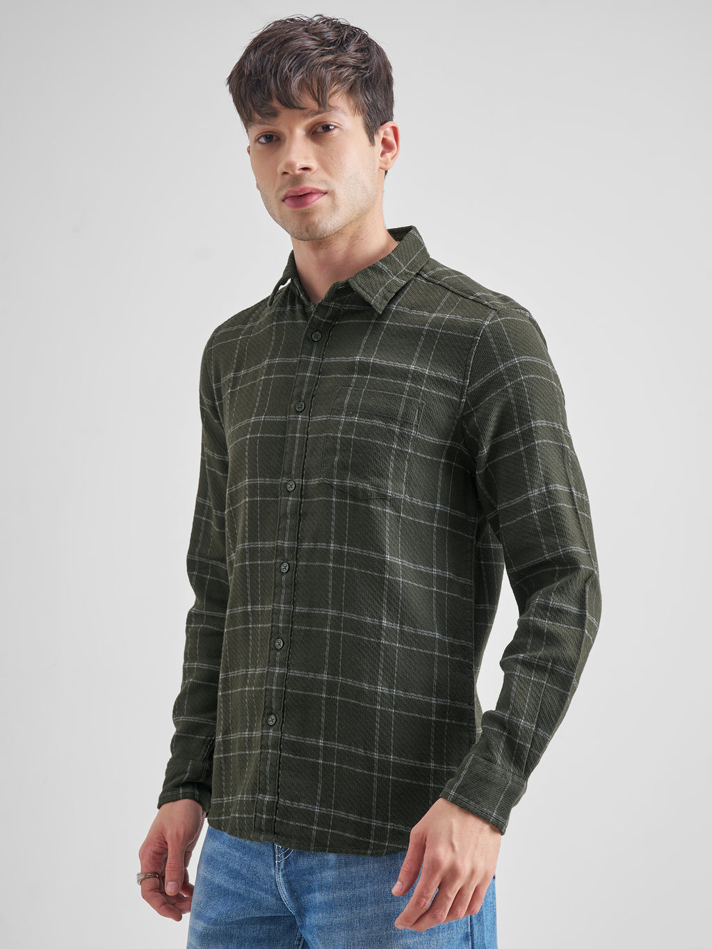 Highlander Men Green Checked Slim Fit Casual Shirt - Green - Image 4
