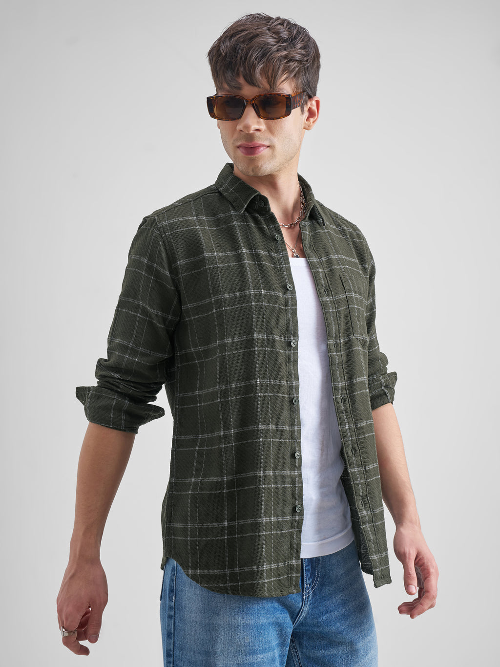 Highlander Men Green Checked Slim Fit Casual Shirt - Green - Image 6
