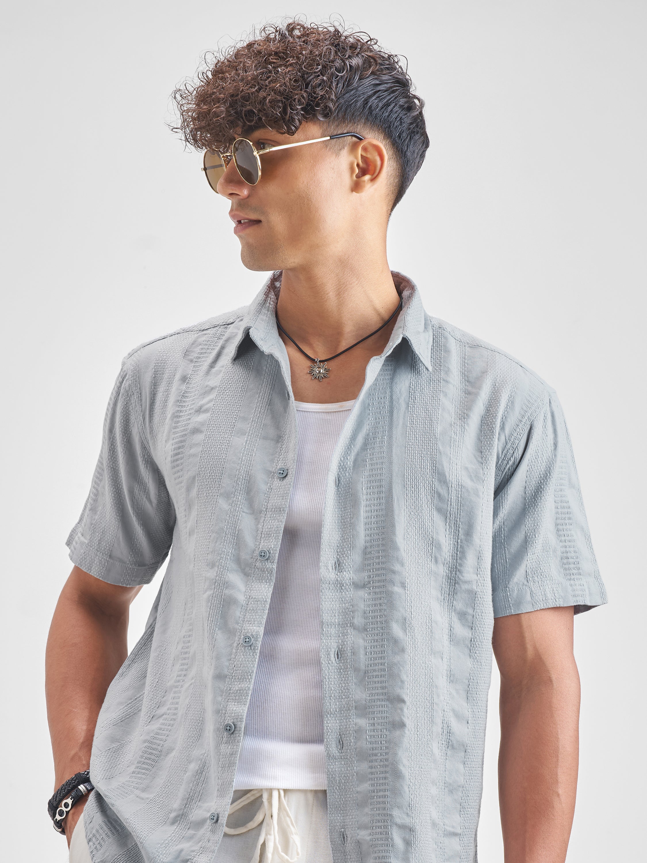 Highlander Men Grey Self Design Relaxed Fit Casual Shirt - Grey - Image 1