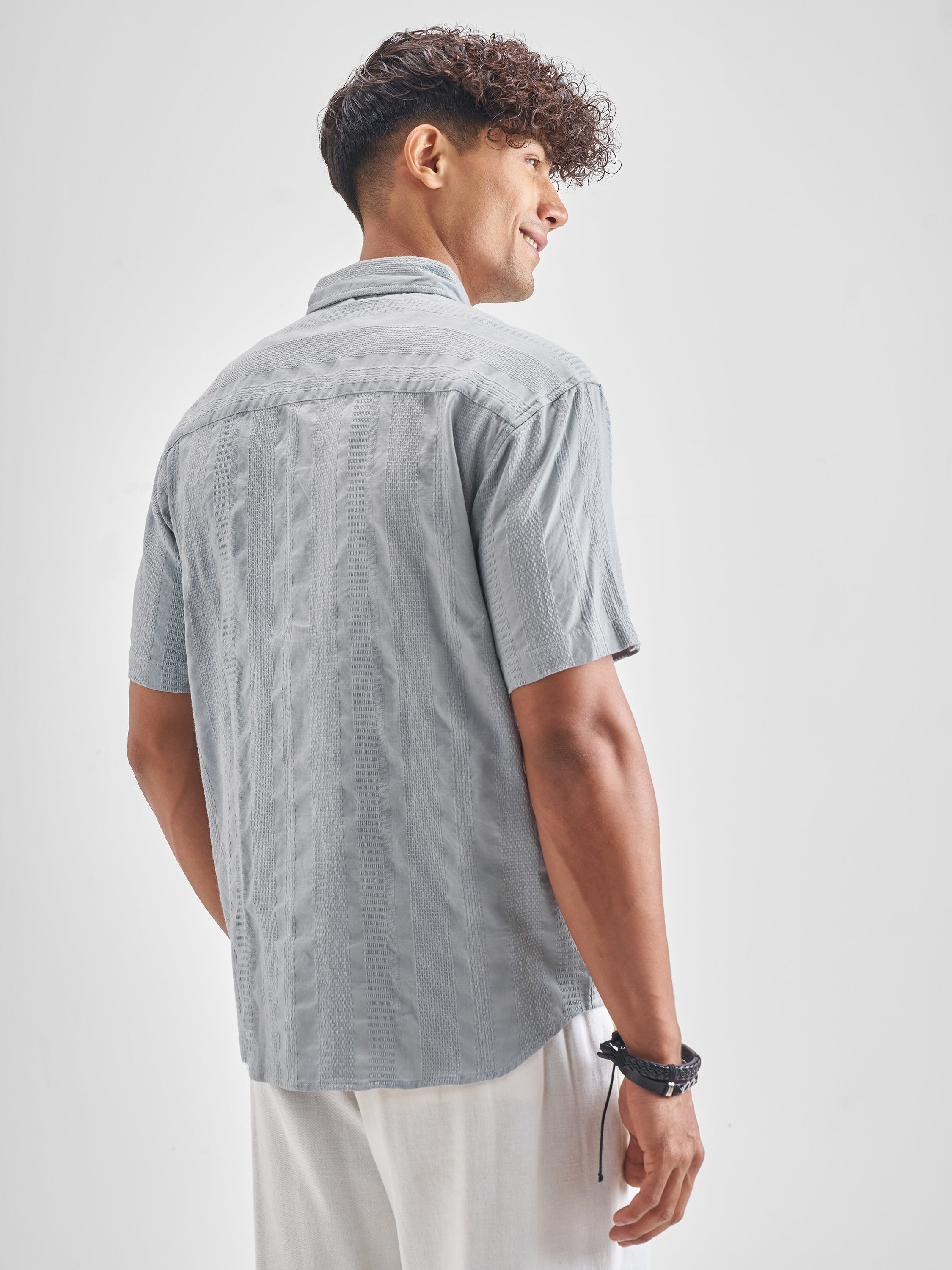 Highlander Men Grey Self Design Relaxed Fit Casual Shirt - Grey - Image 3