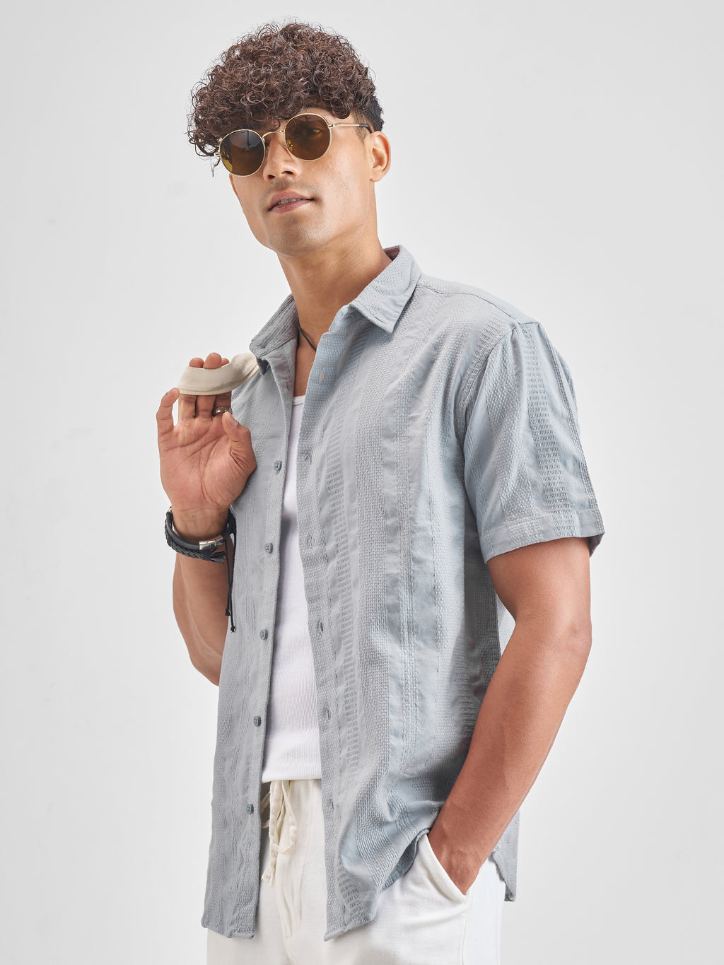 Highlander Men Grey Self Design Relaxed Fit Casual Shirt - Grey - Image 4