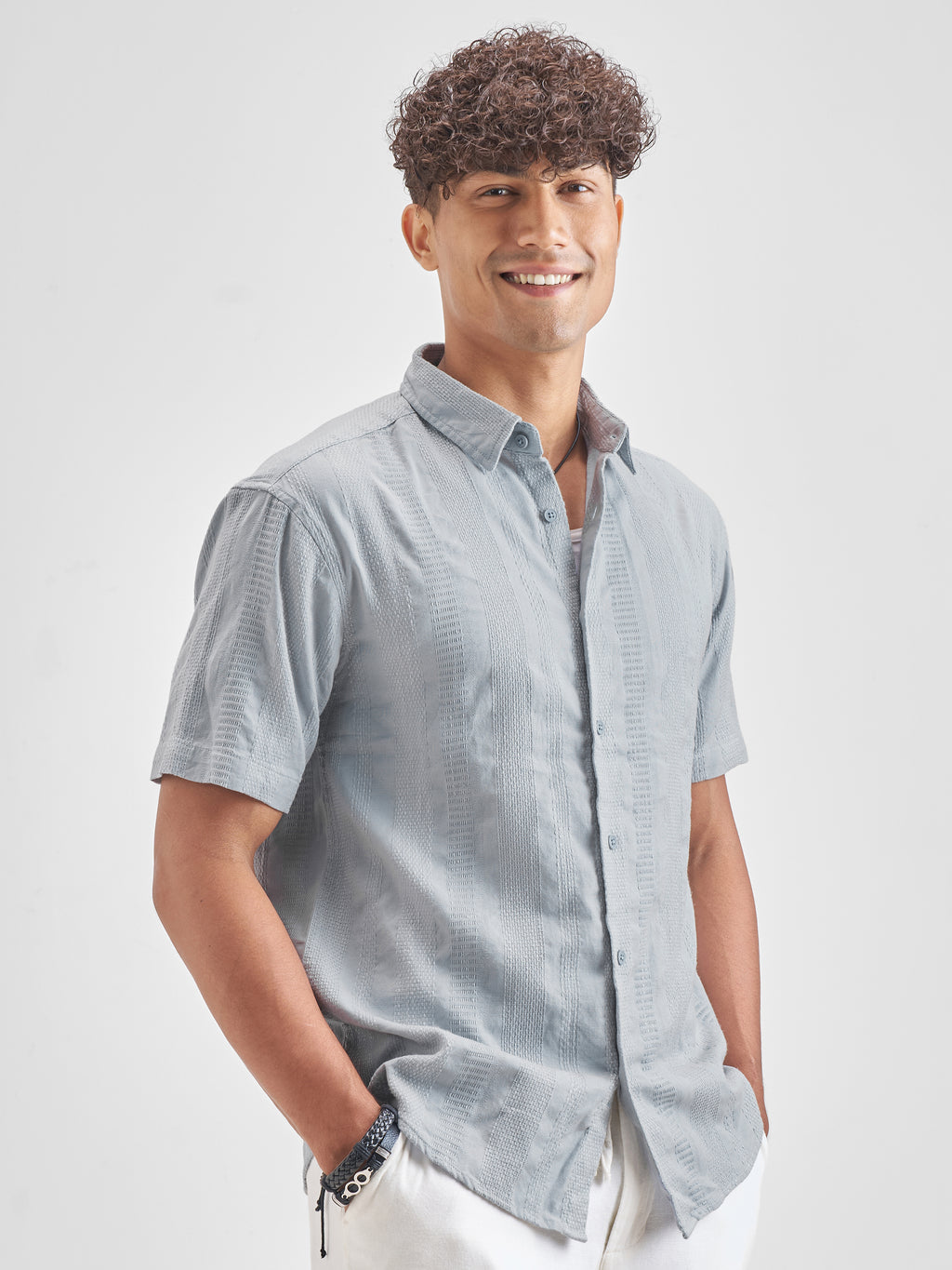 Highlander Men Grey Self Design Relaxed Fit Casual Shirt - Grey - Image 6