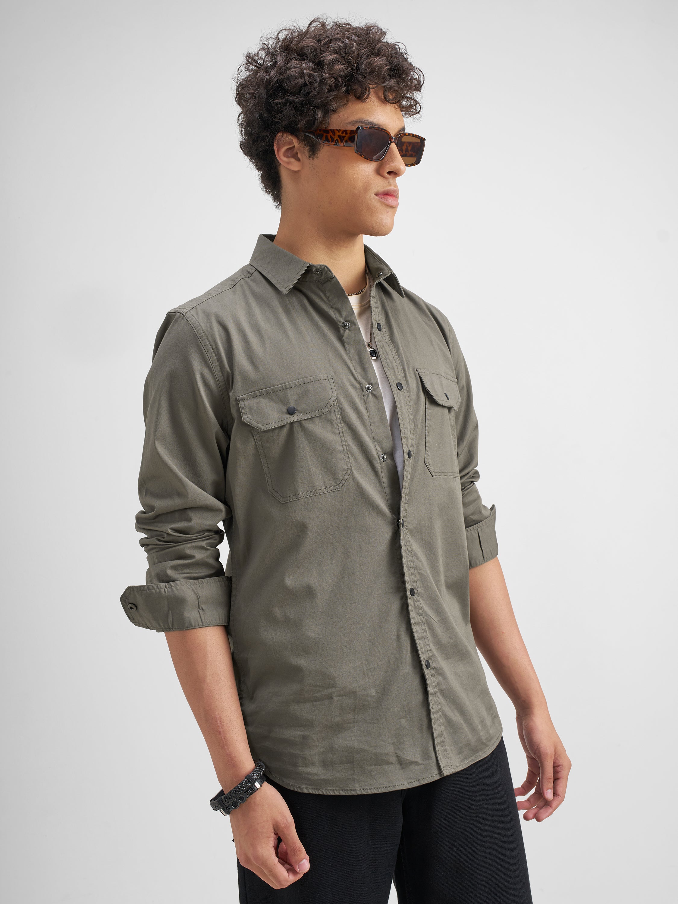 Highlander Men Olive Solid Slim Fit Casual Shirt - Olive - Image 6