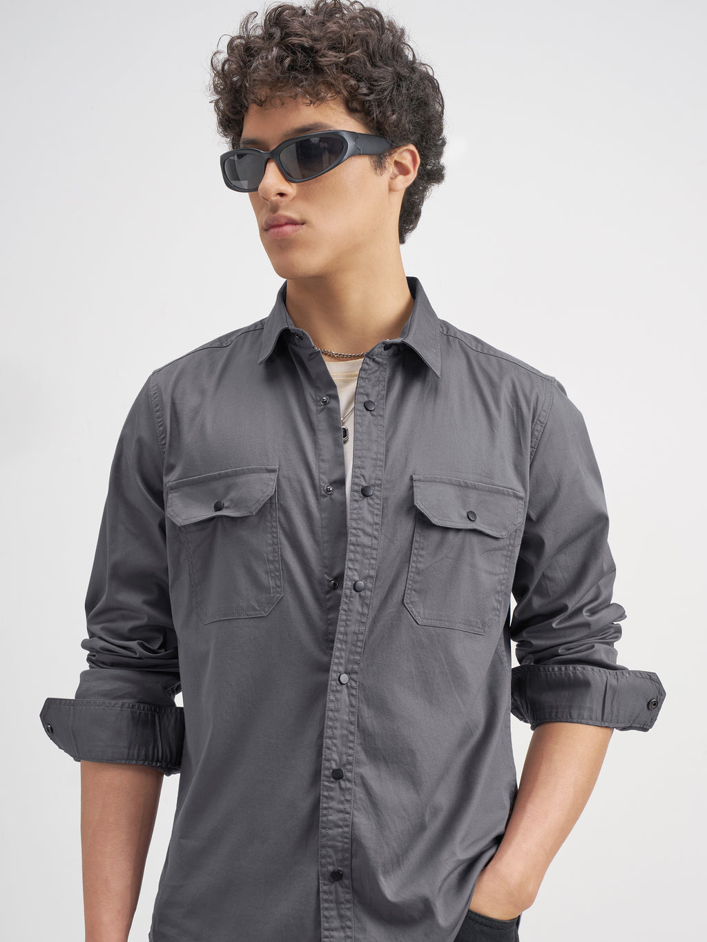 Highlander Men Grey Solid Slim Fit Casual Shirt - Grey - Image 1