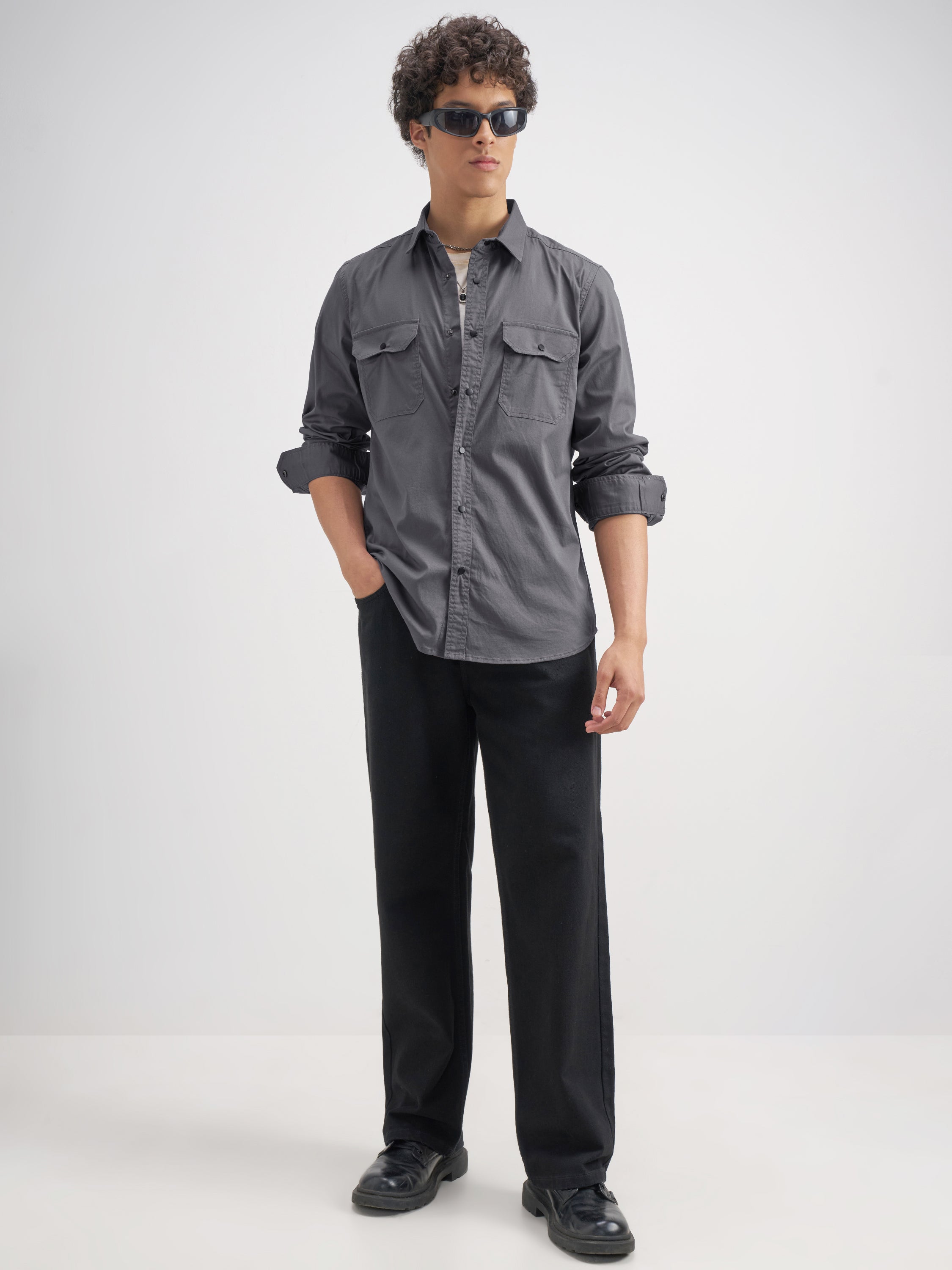 Highlander Men Grey Solid Slim Fit Casual Shirt - Grey - Image 2