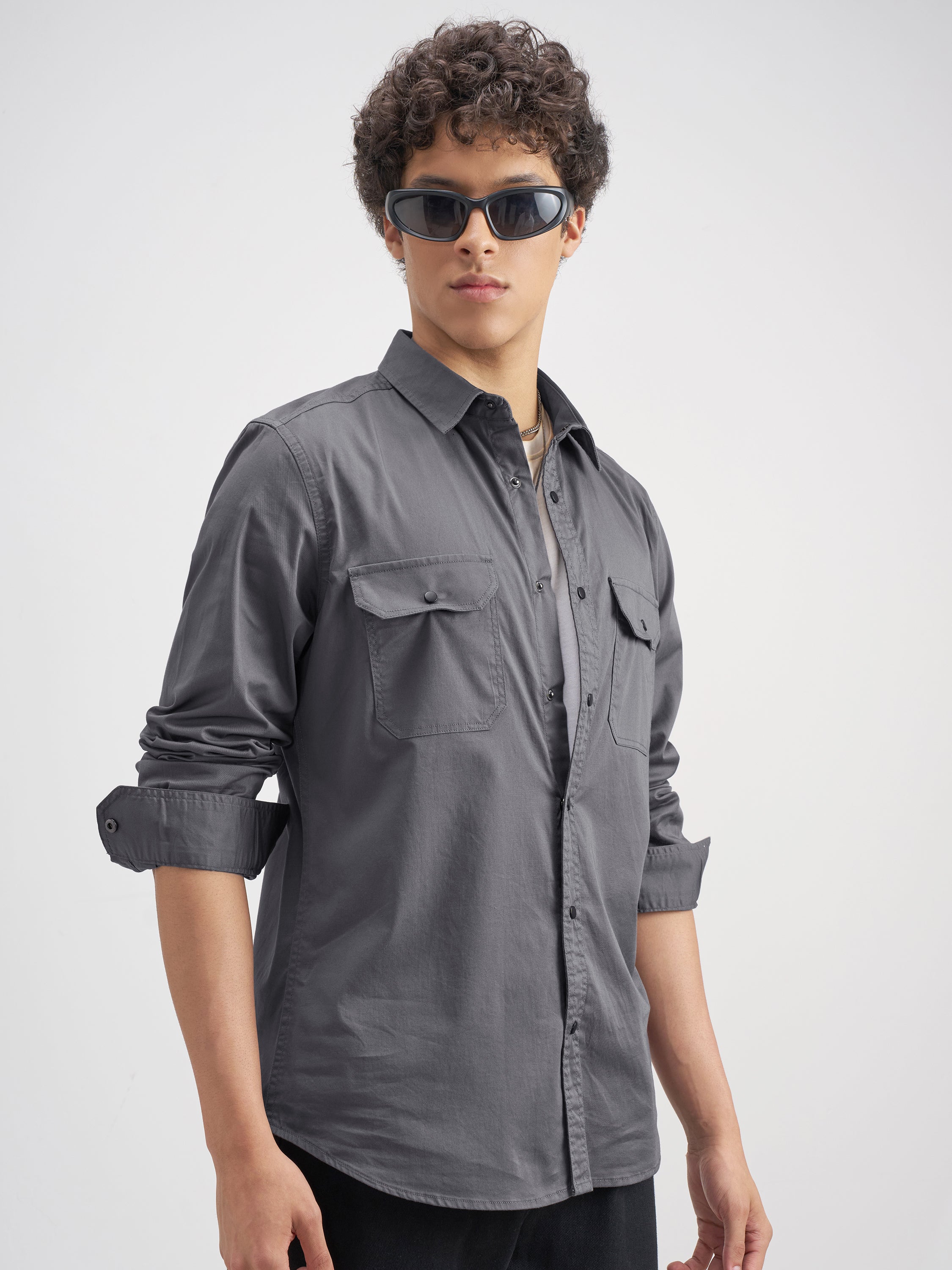 Highlander Men Grey Solid Slim Fit Casual Shirt - Grey - Image 6