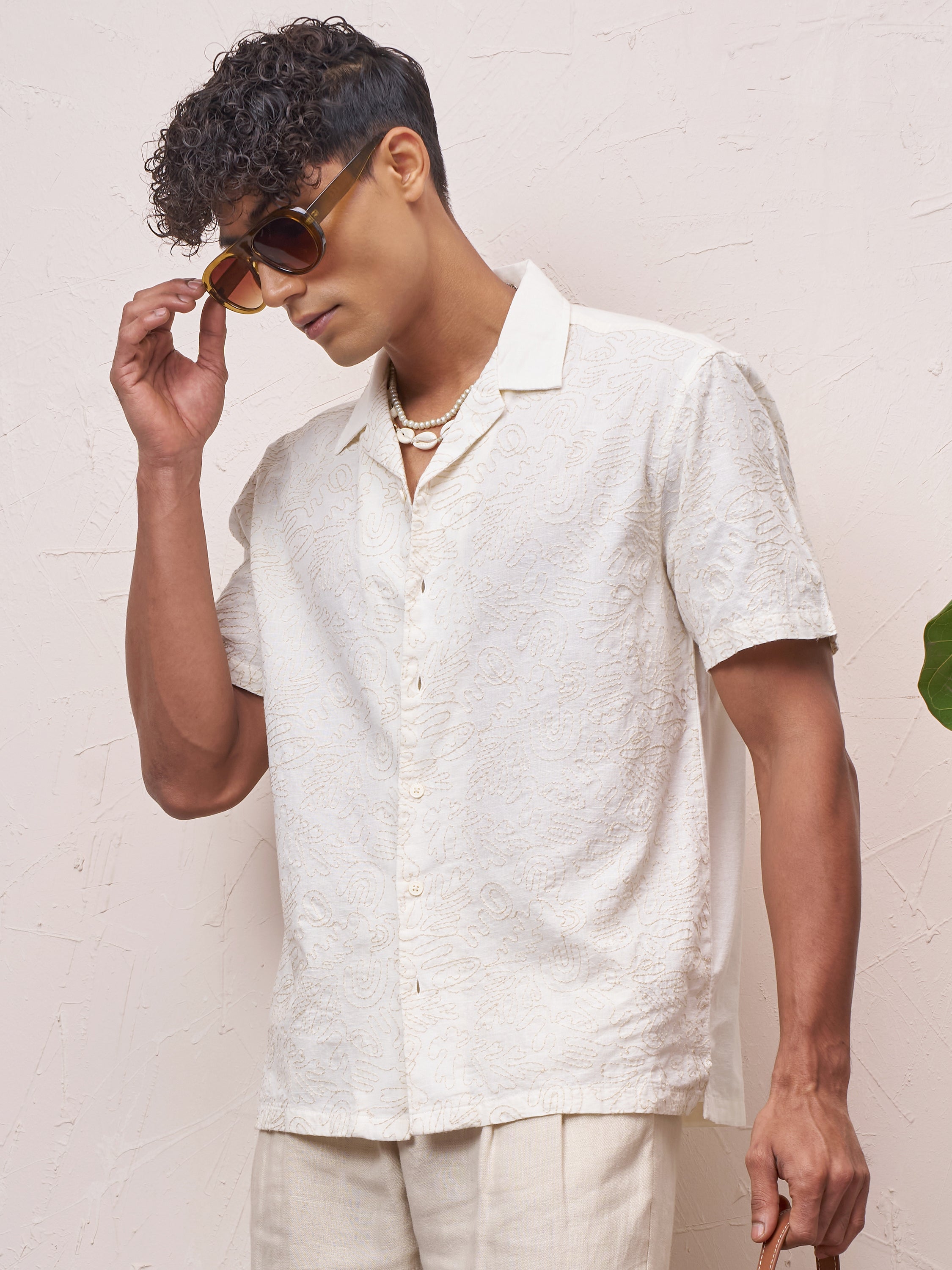 Highlander Men Cream Self Design Relaxed Fit Casual Shirt - Cream - Image 4