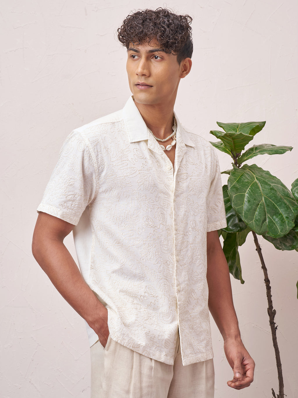 Highlander Men Cream Self Design Relaxed Fit Casual Shirt - Cream - Image 6