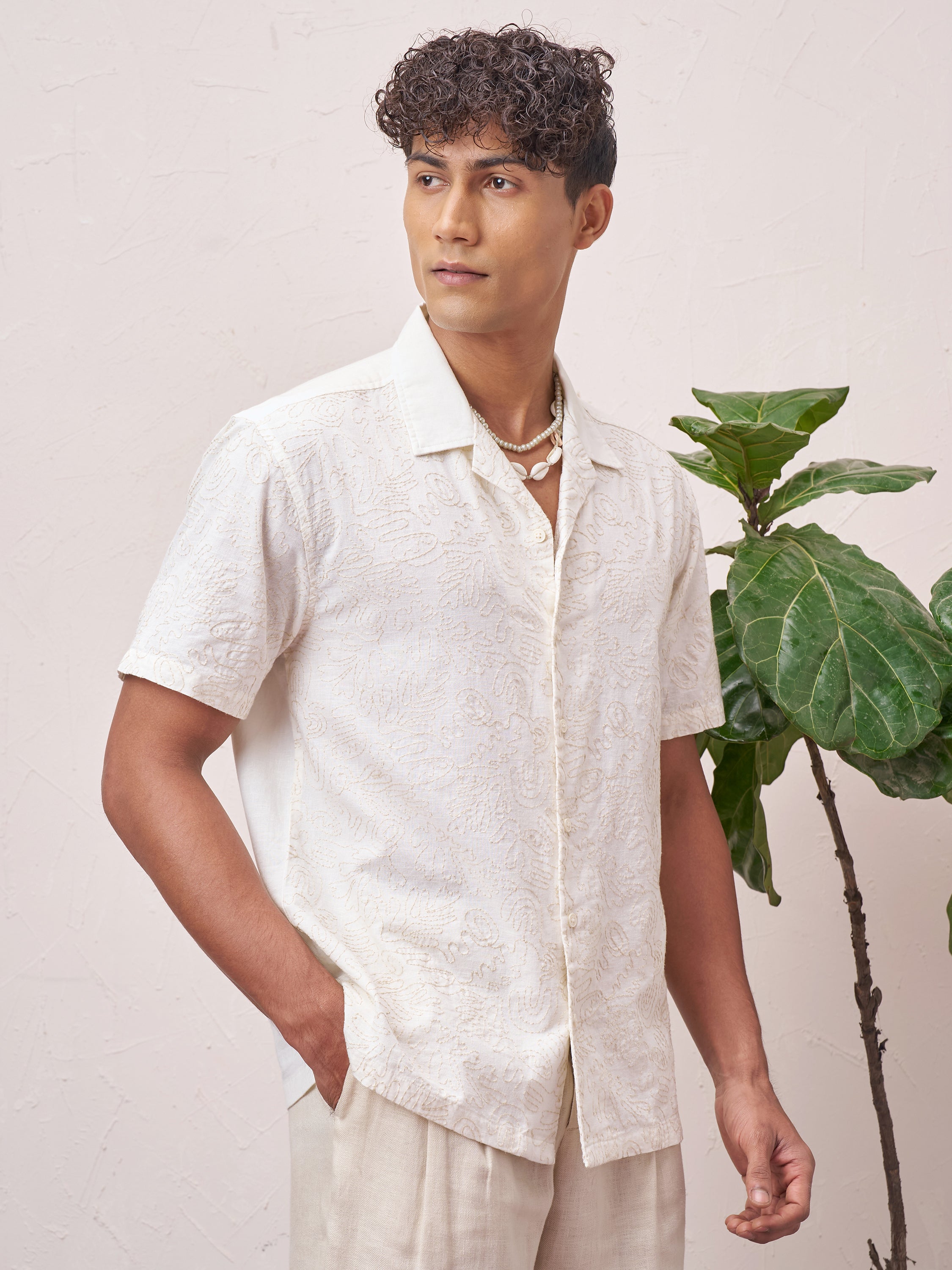 Highlander Men Cream Self Design Relaxed Fit Casual Shirt - Cream - Image 6