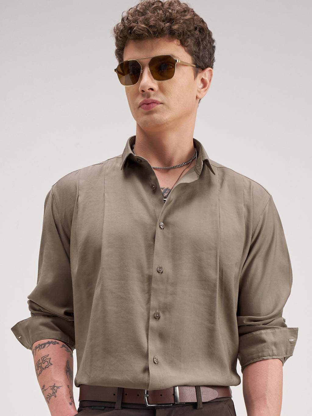 Highlander Men Khaki Solid Regular Fit Casual Shirt - Khaki - Image 1