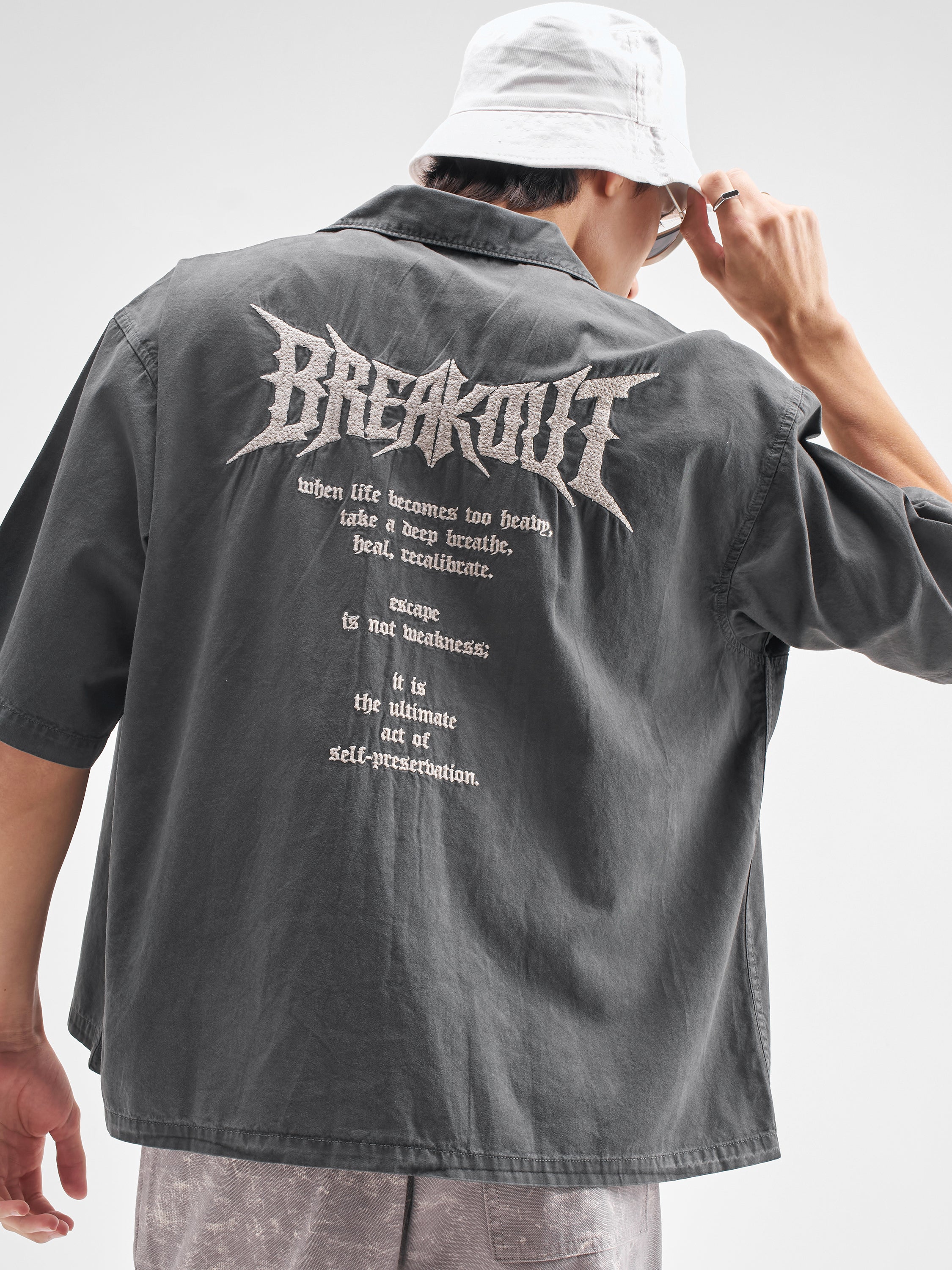 Highlander Men Charcoal Embroidered Oversized Fit Casual Shirt - Charcoal - Image 1