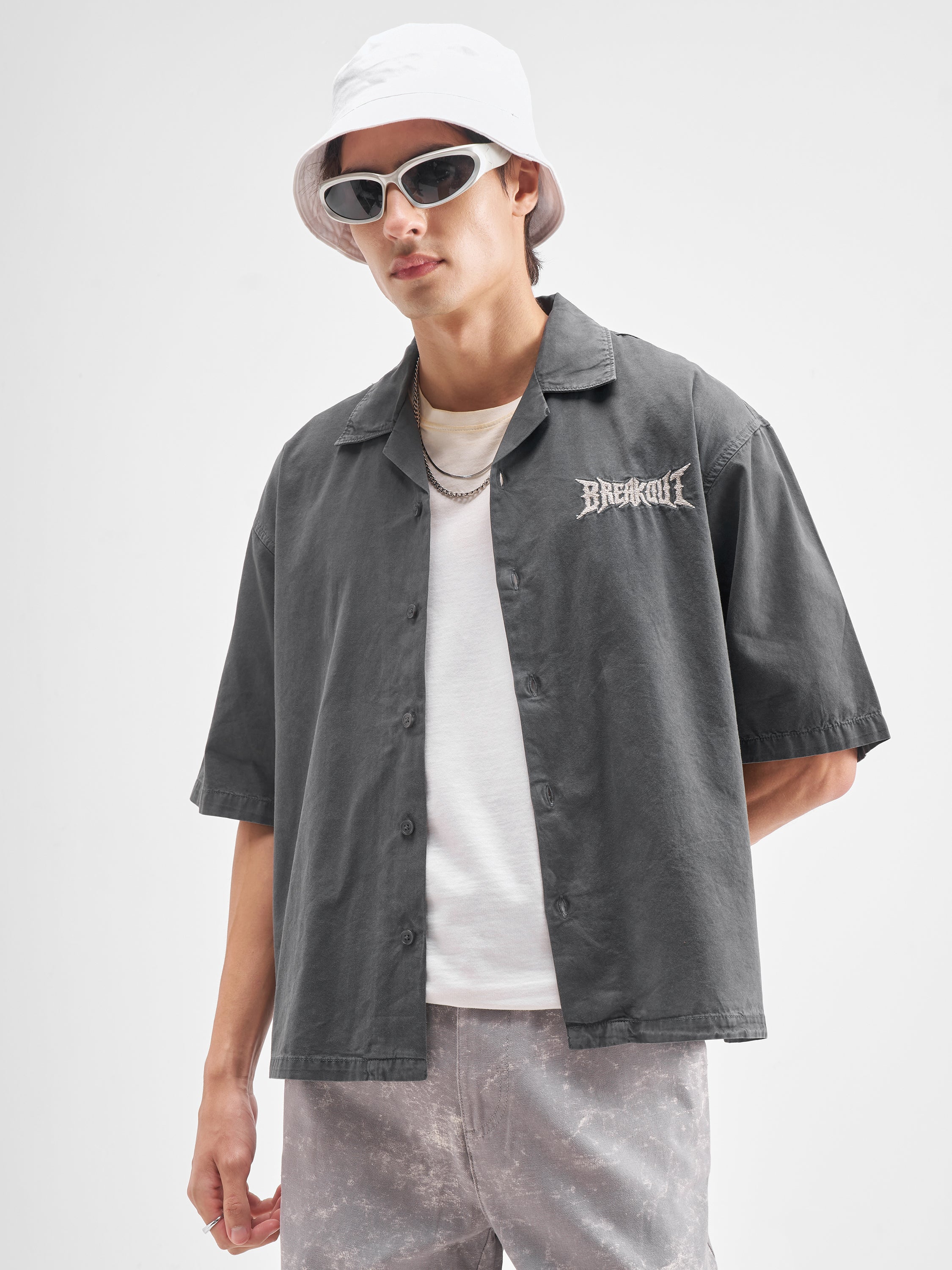 Highlander Men Charcoal Embroidered Oversized Fit Casual Shirt - Charcoal - Image 3