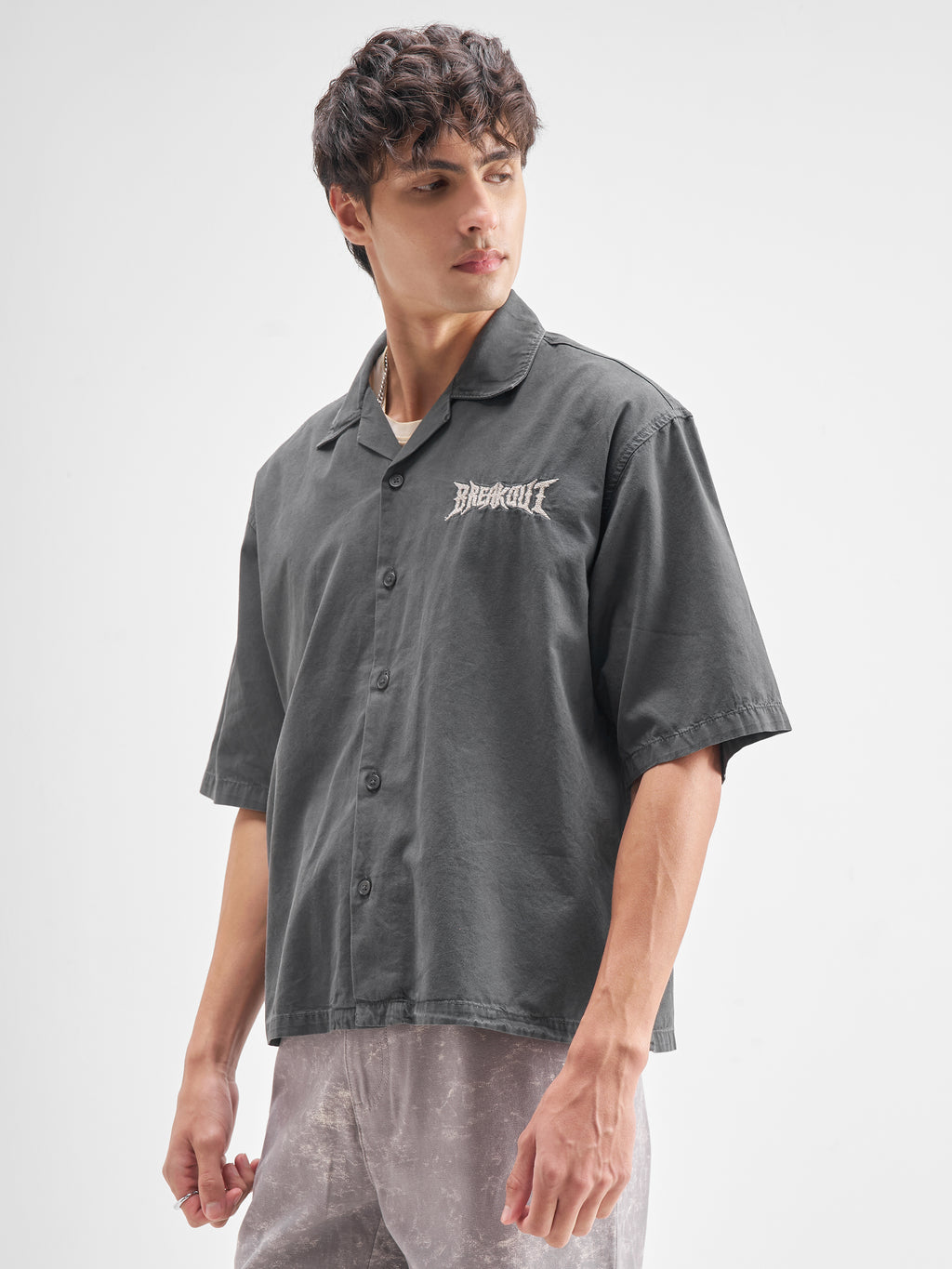Highlander Men Charcoal Embroidered Oversized Fit Casual Shirt - Charcoal - Image 4