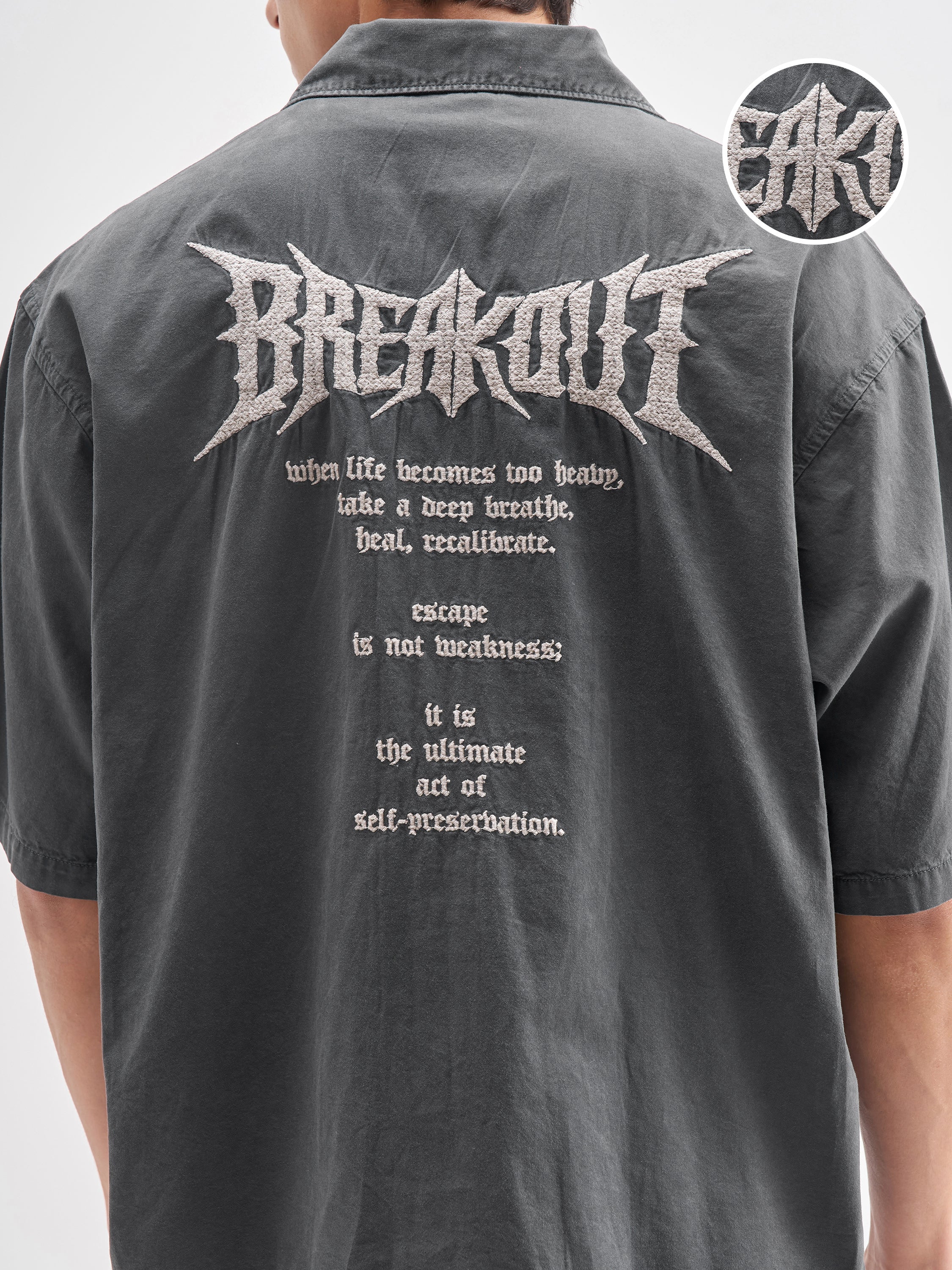 Highlander Men Charcoal Embroidered Oversized Fit Casual Shirt - Charcoal - Image 5