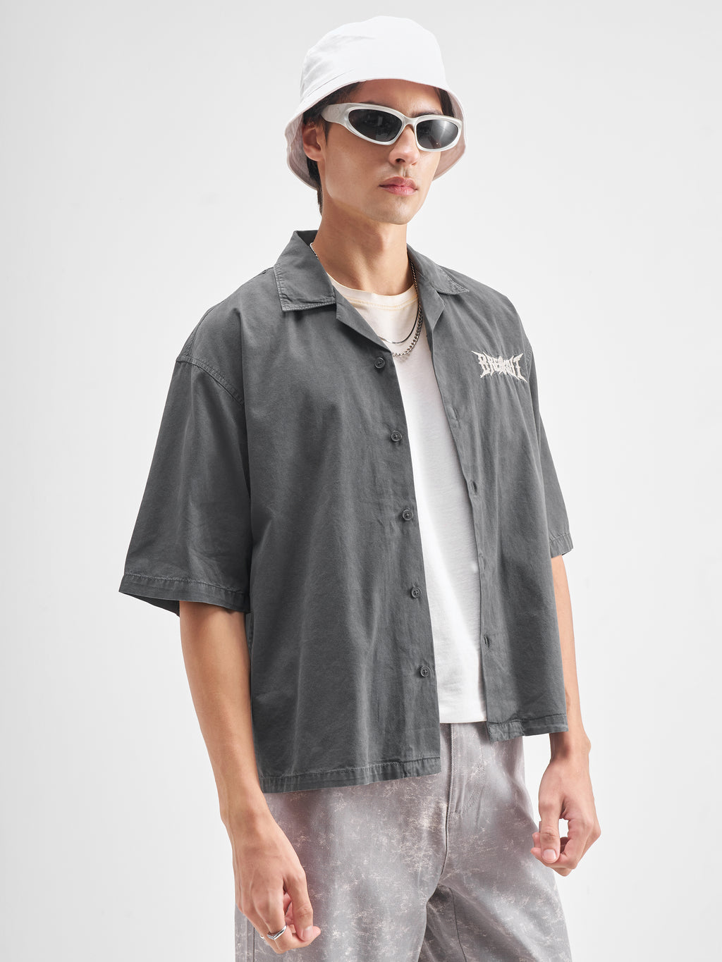 Highlander Men Charcoal Embroidered Oversized Fit Casual Shirt - Charcoal - Image 6