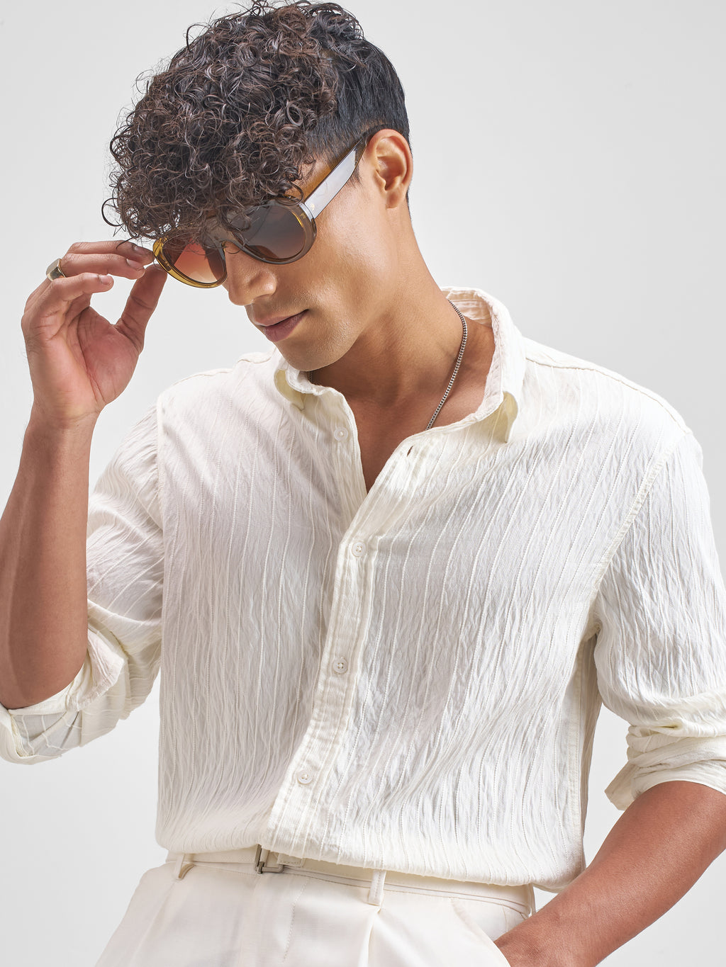 Highlander Men Cream Self Design Relaxed Fit Casual Shirt - Cream - Image 1