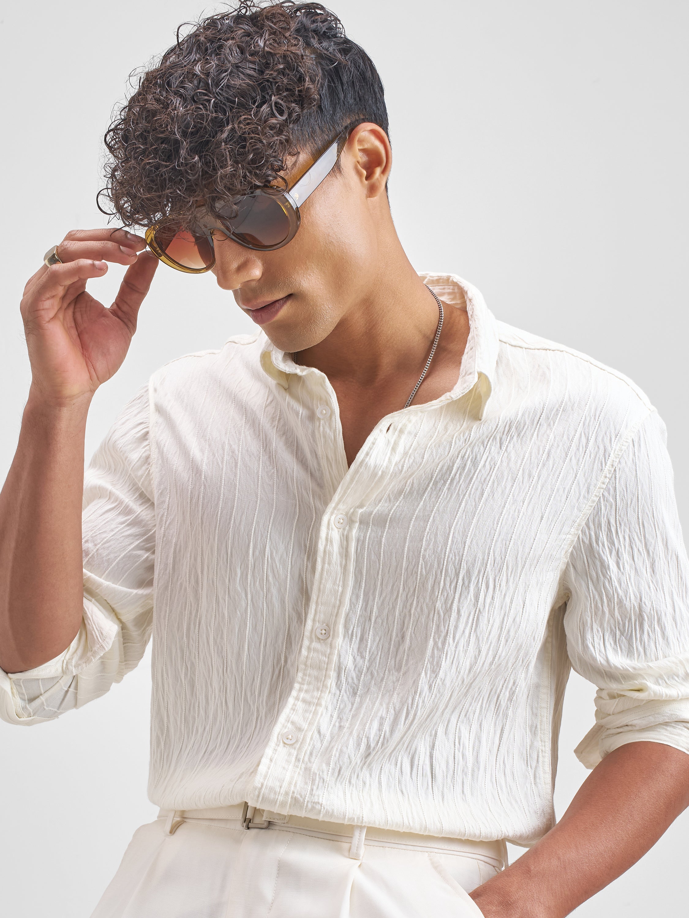 Highlander Men Cream Self Design Relaxed Fit Casual Shirt - Cream - Image 1