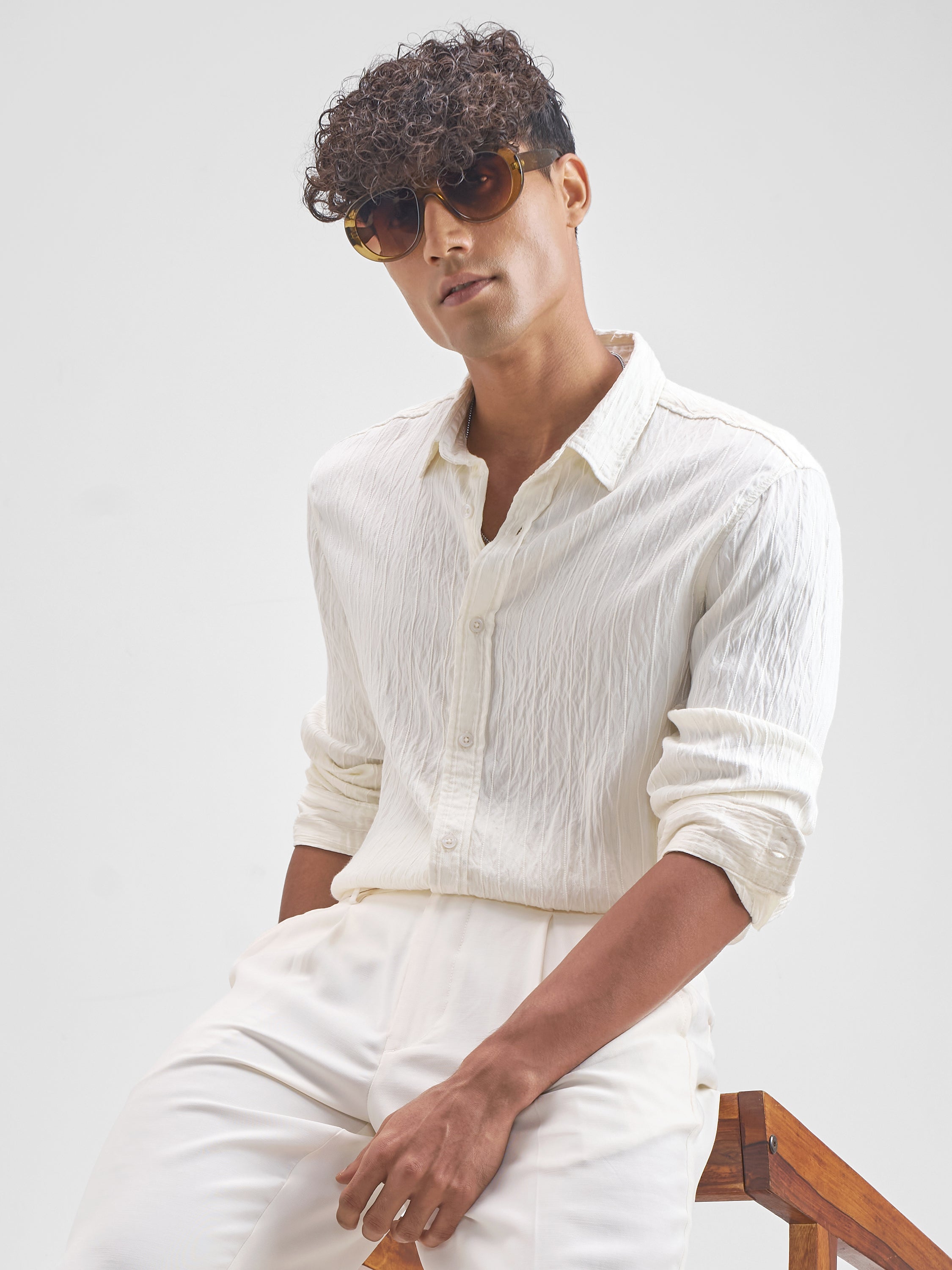 Highlander Men Cream Self Design Relaxed Fit Casual Shirt - Cream - Image 4