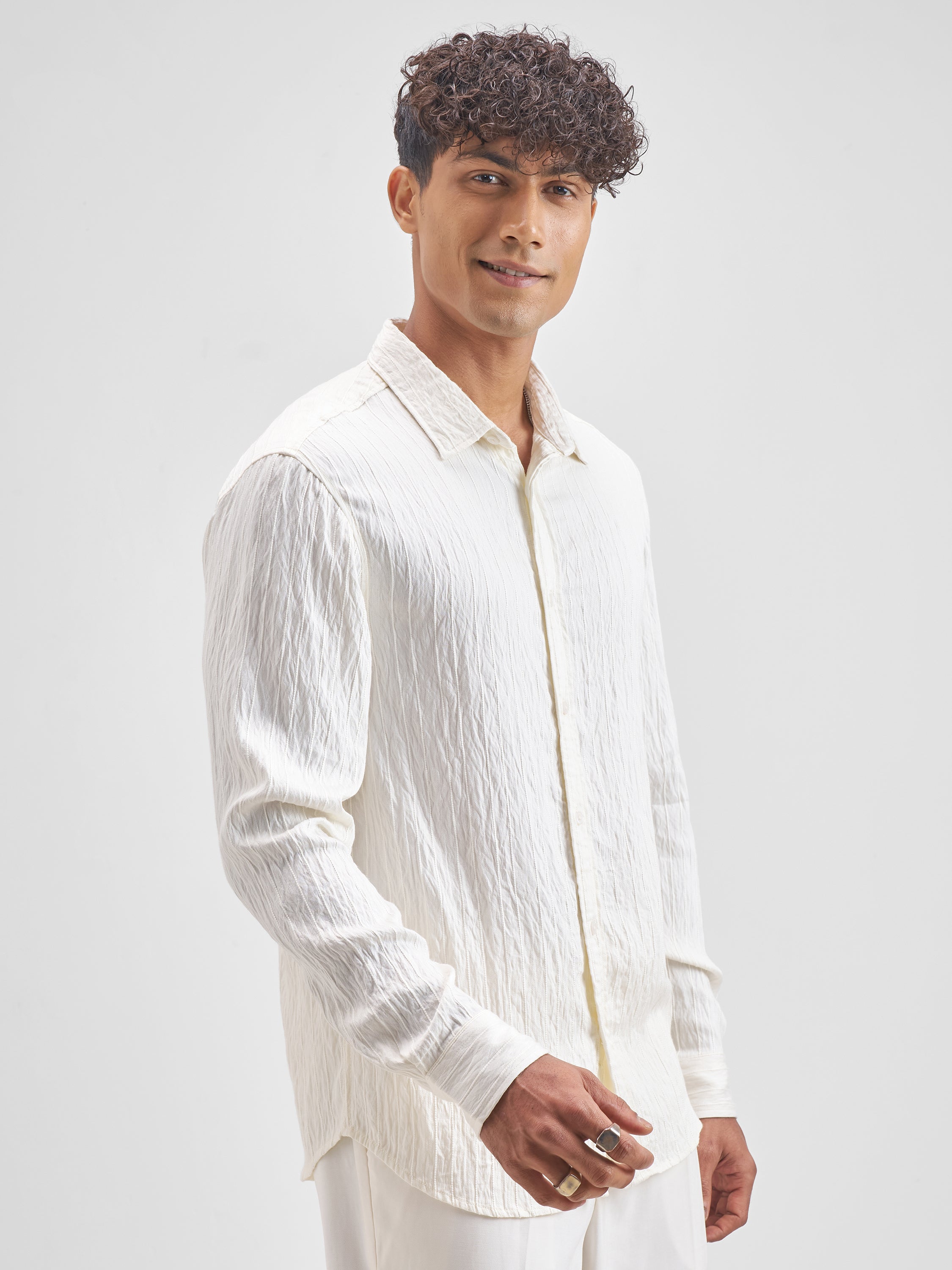 Highlander Men Cream Self Design Relaxed Fit Casual Shirt - Cream - Image 6