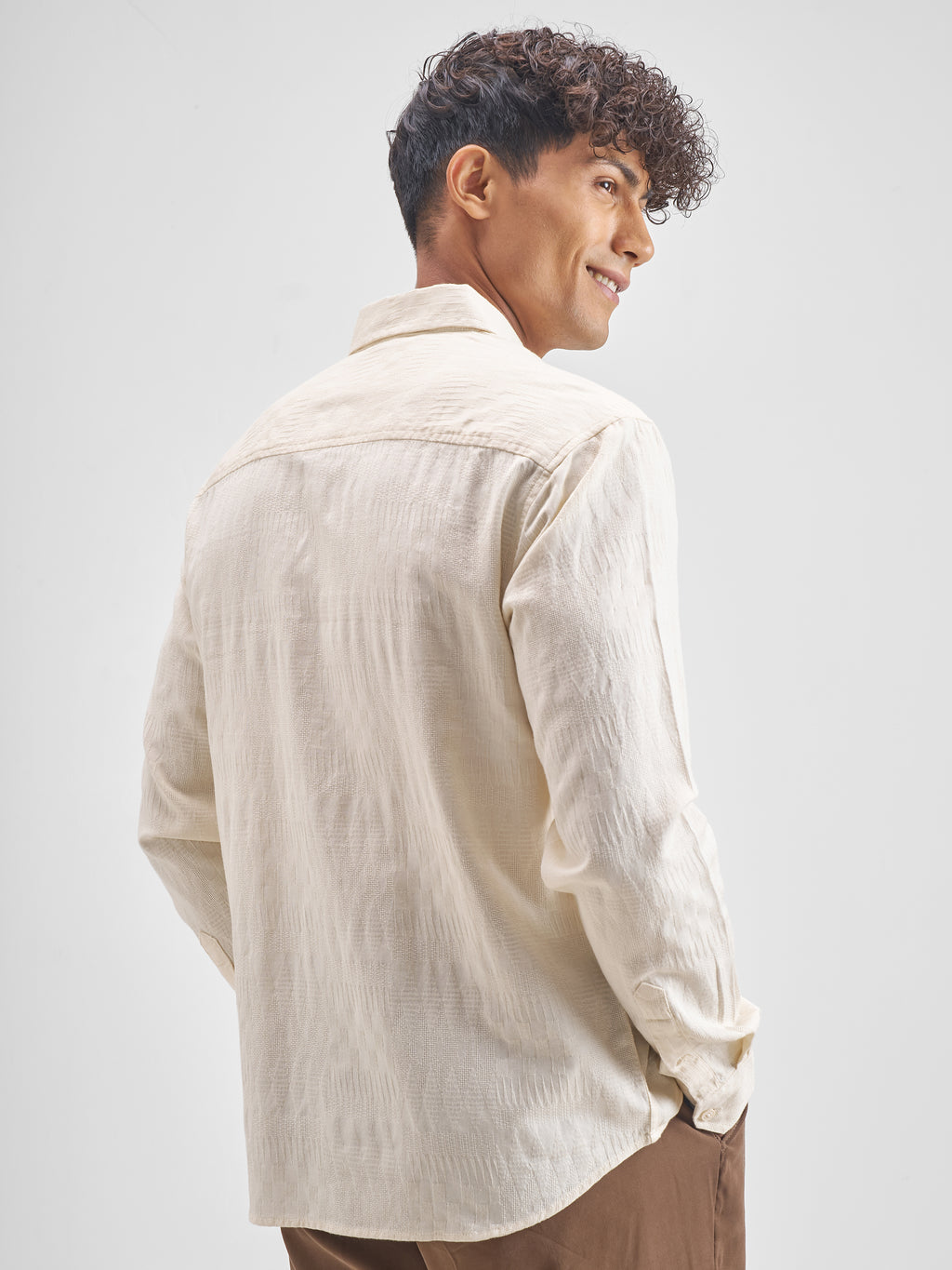 Highlander Men Cream Self Design Relaxed Fit Casual Shirt - Cream - Image 3