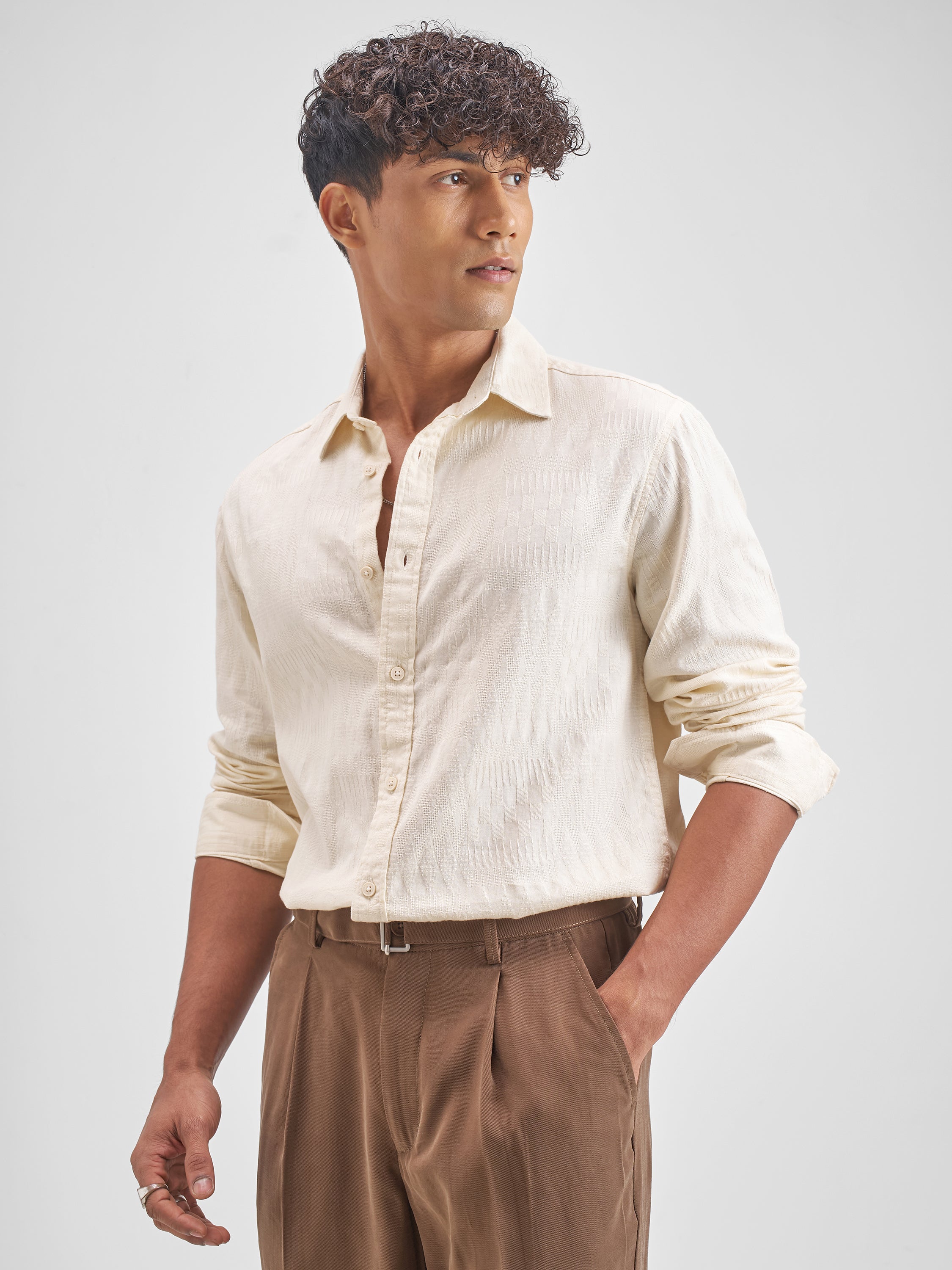 Highlander Men Cream Self Design Relaxed Fit Casual Shirt - Cream - Image 4
