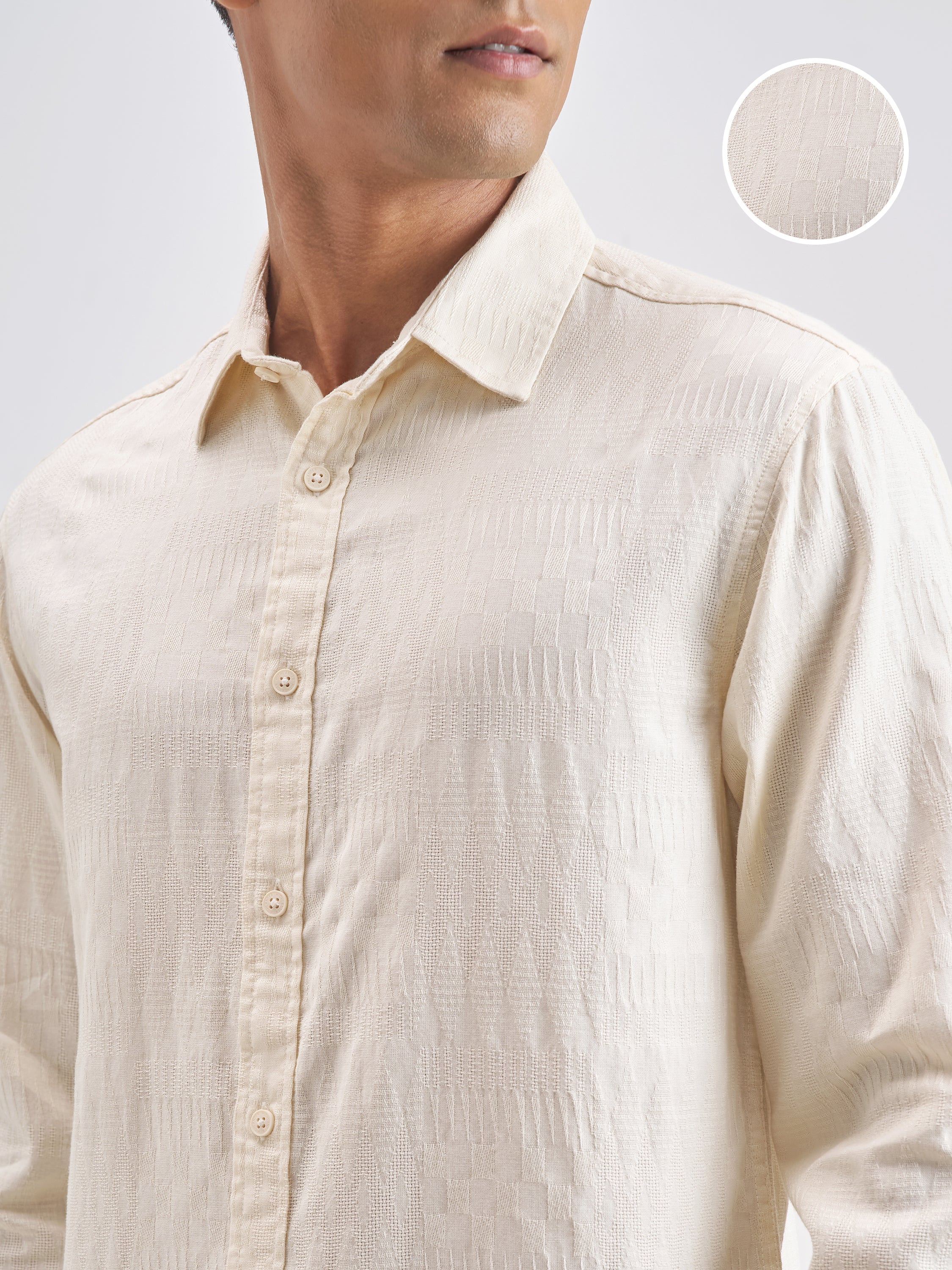 Highlander Men Cream Self Design Relaxed Fit Casual Shirt - Cream - Image 5
