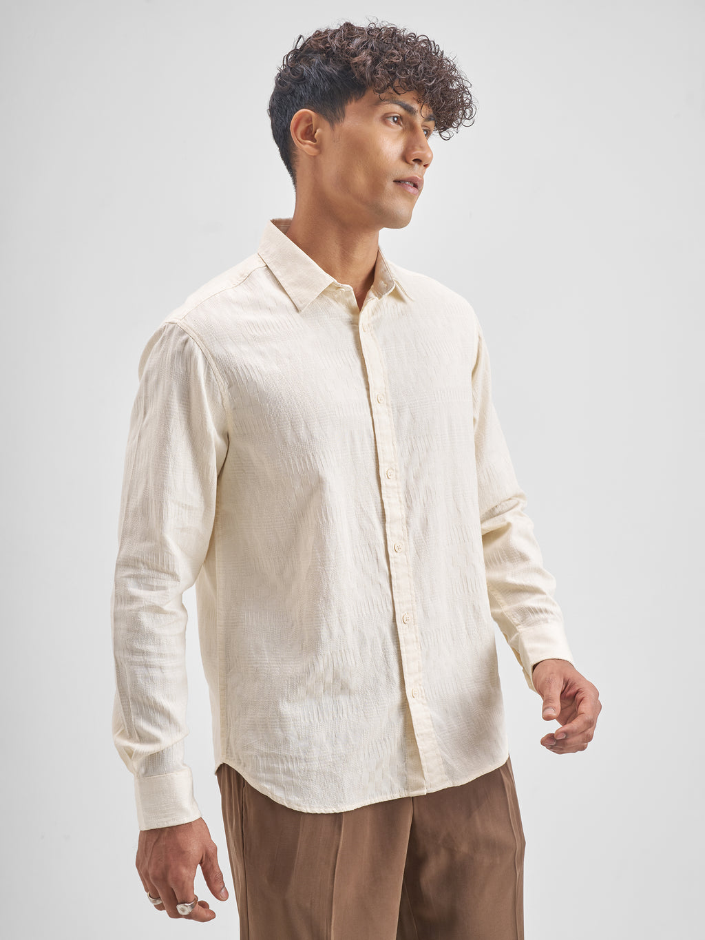 Highlander Men Cream Self Design Relaxed Fit Casual Shirt - Cream - Image 6