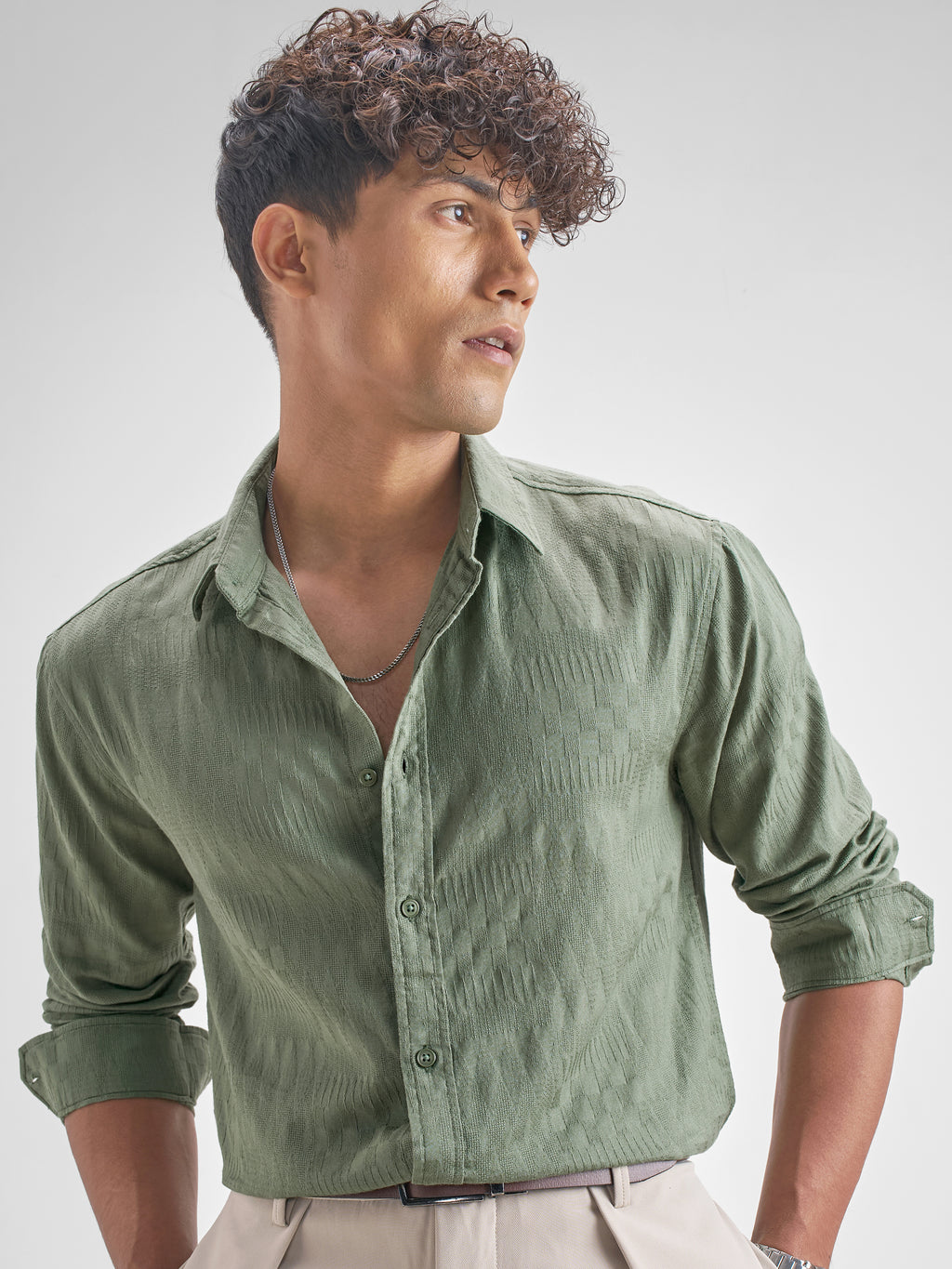 Highlander Men Green Self Design Relaxed Fit Casual Shirt - Green - Image 1
