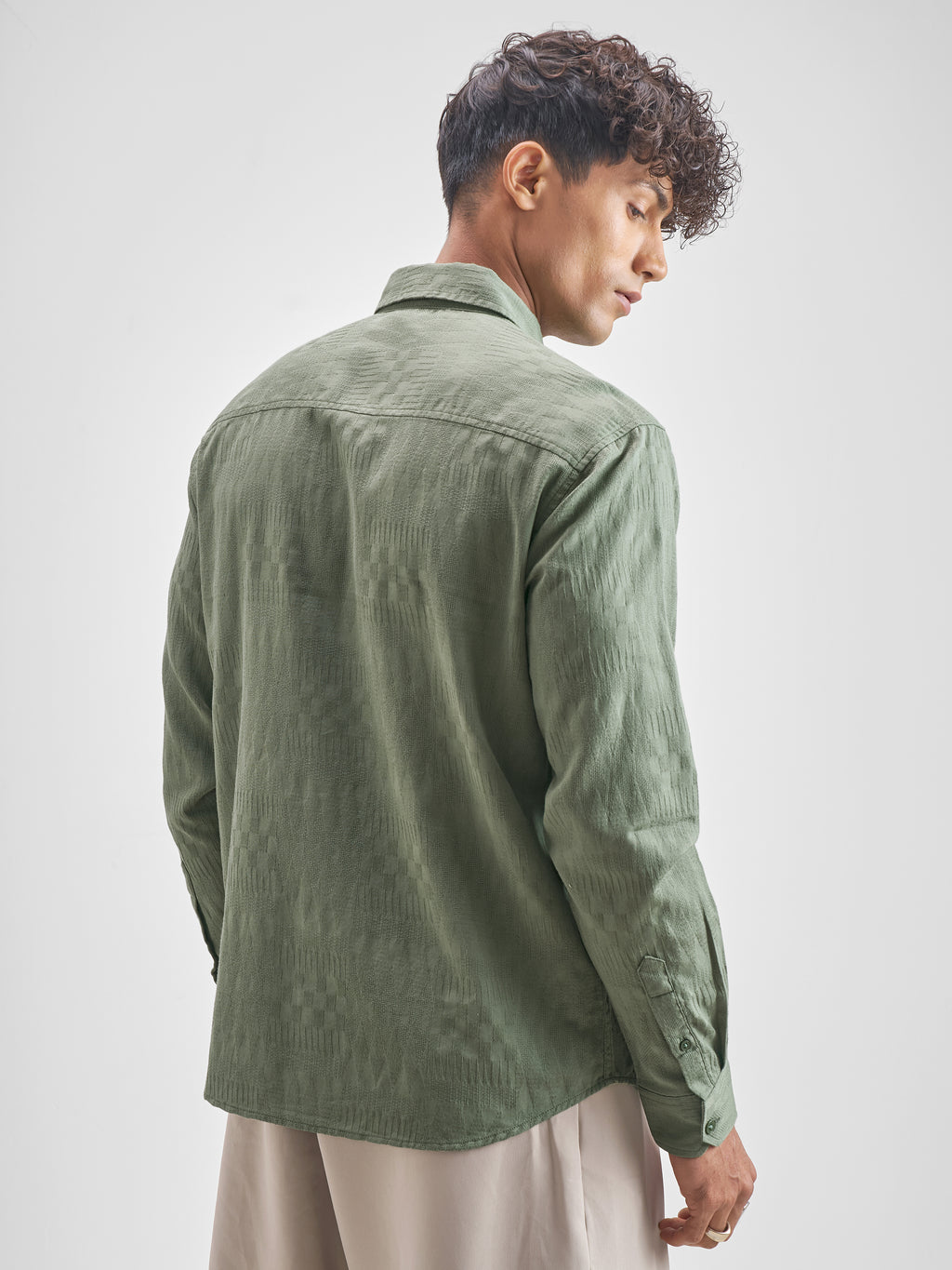Highlander Men Green Self Design Relaxed Fit Casual Shirt - Green - Image 3