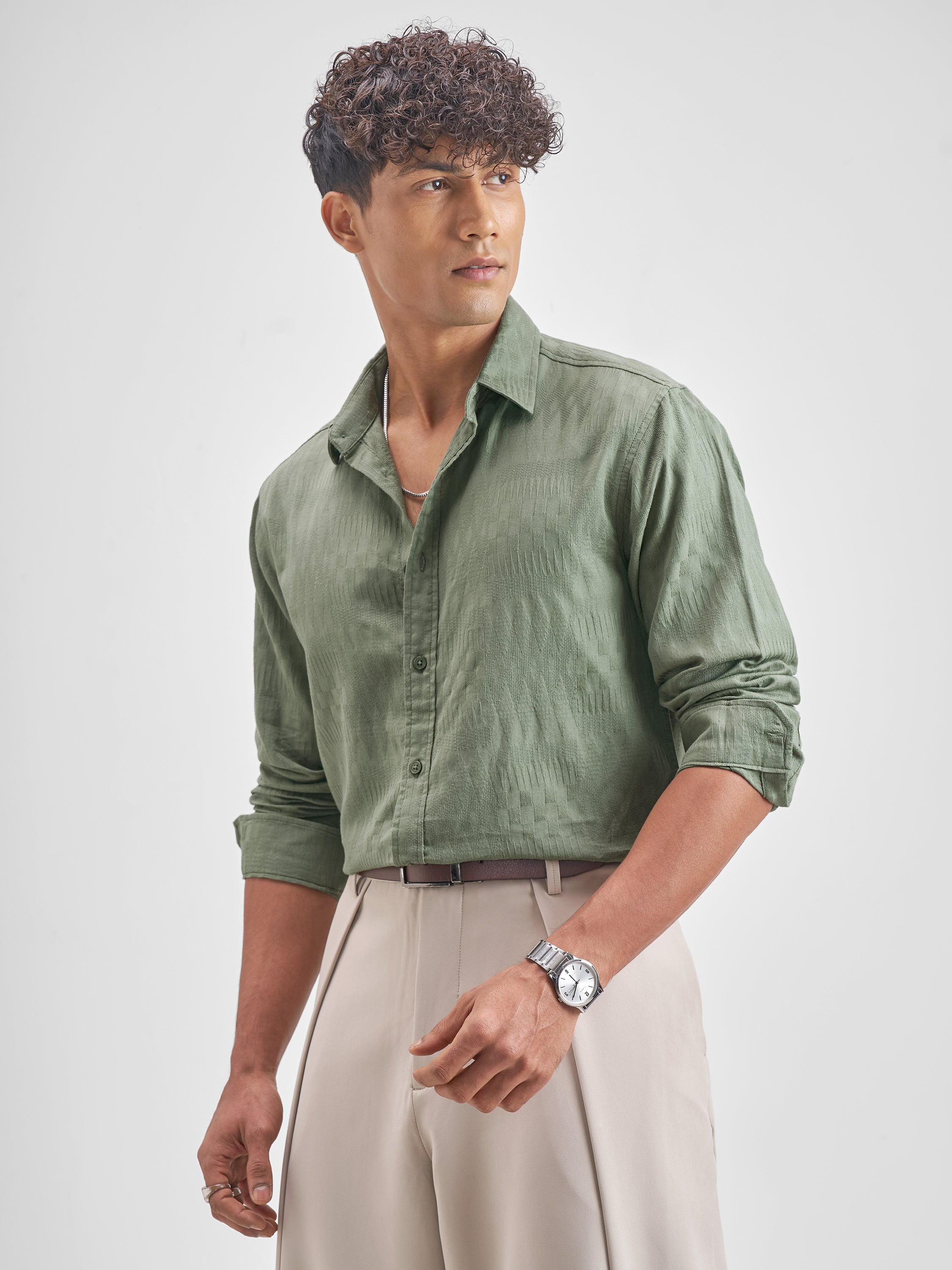 Highlander Men Green Self Design Relaxed Fit Casual Shirt - Green - Image 4