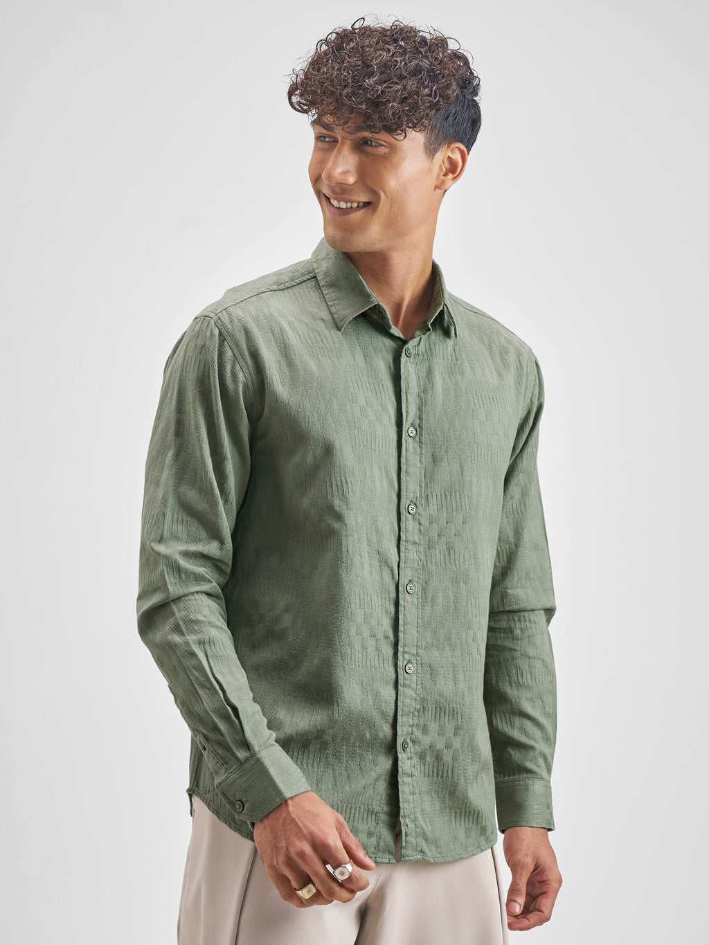 Highlander Men Green Self Design Relaxed Fit Casual Shirt - Green - Image 6