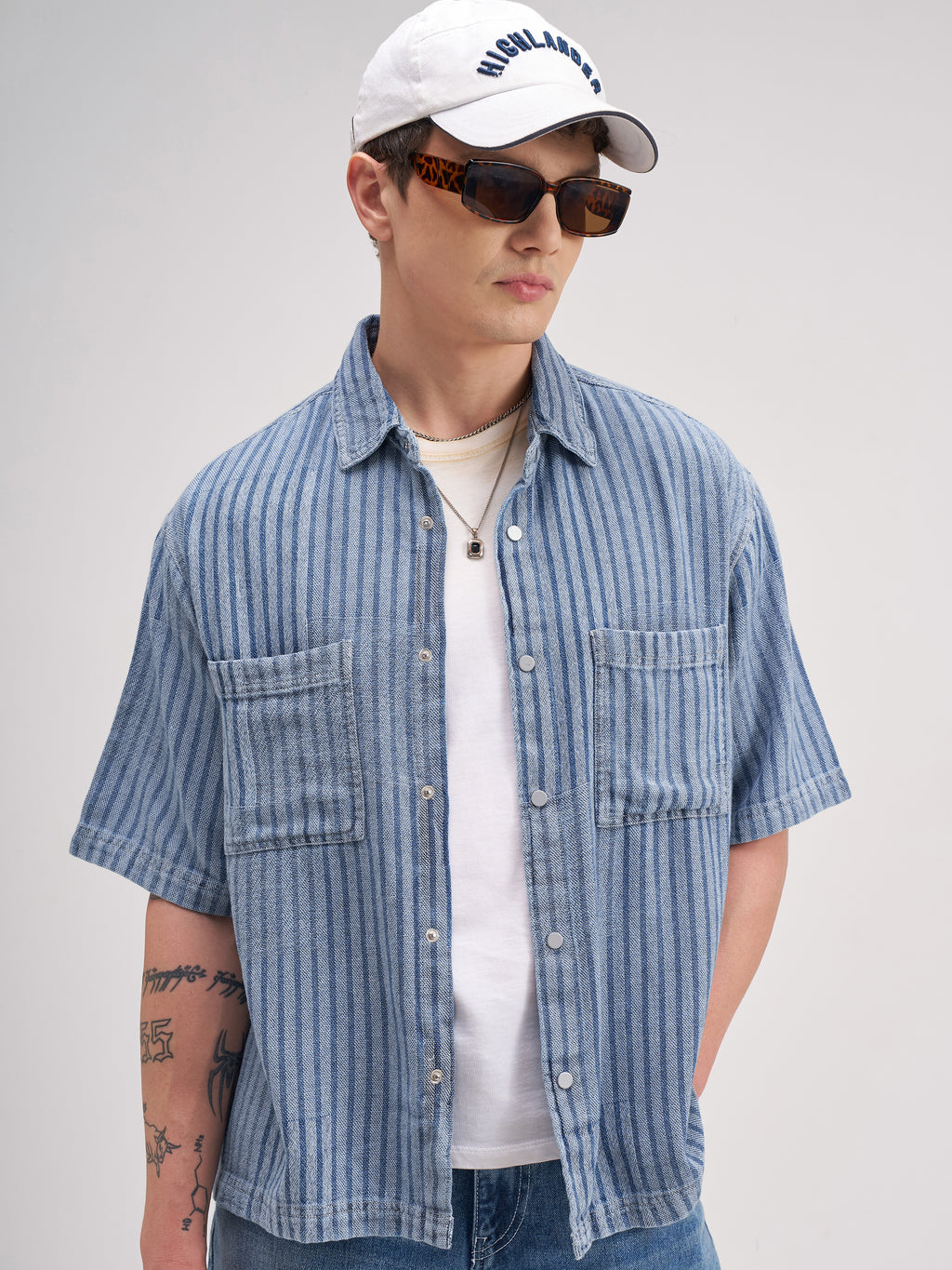 Highlander Men Blue Self Design Boxy Fit Casual Shirt - Blue - Image 1