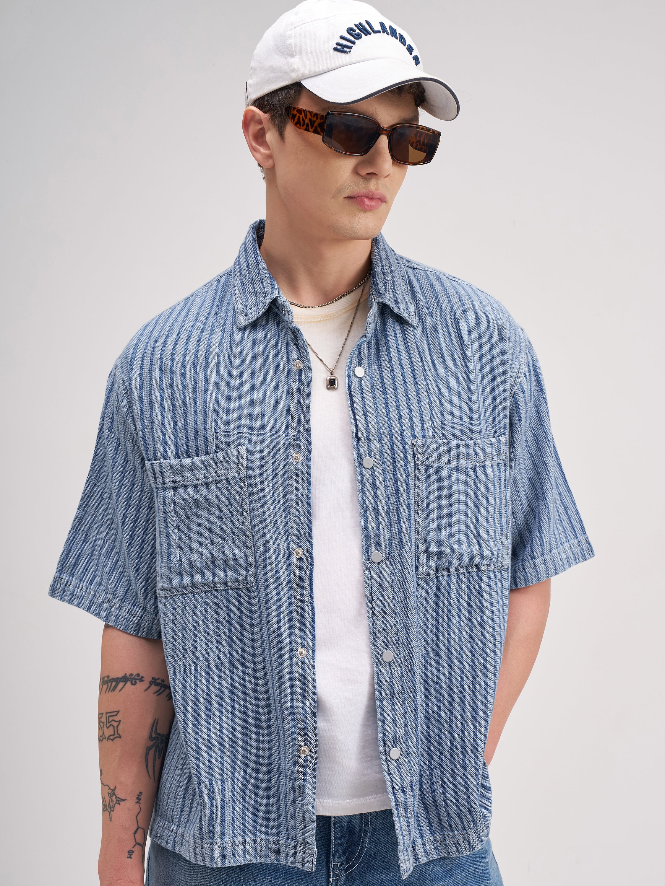 Highlander Men Blue Self Design Boxy Fit Casual Shirt - Blue - Image 1
