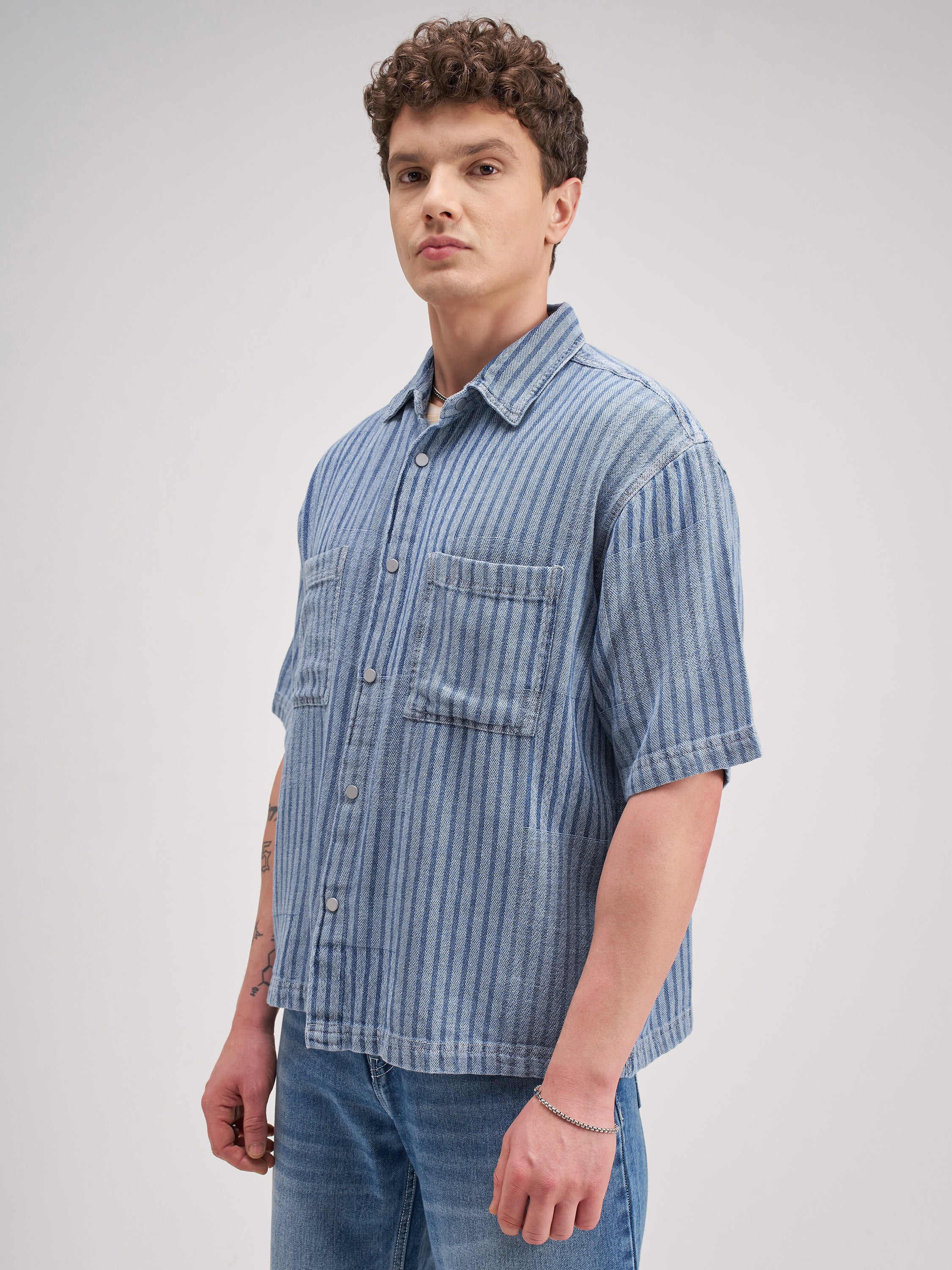 Highlander Men Blue Self Design Boxy Fit Casual Shirt - Blue - Image 4