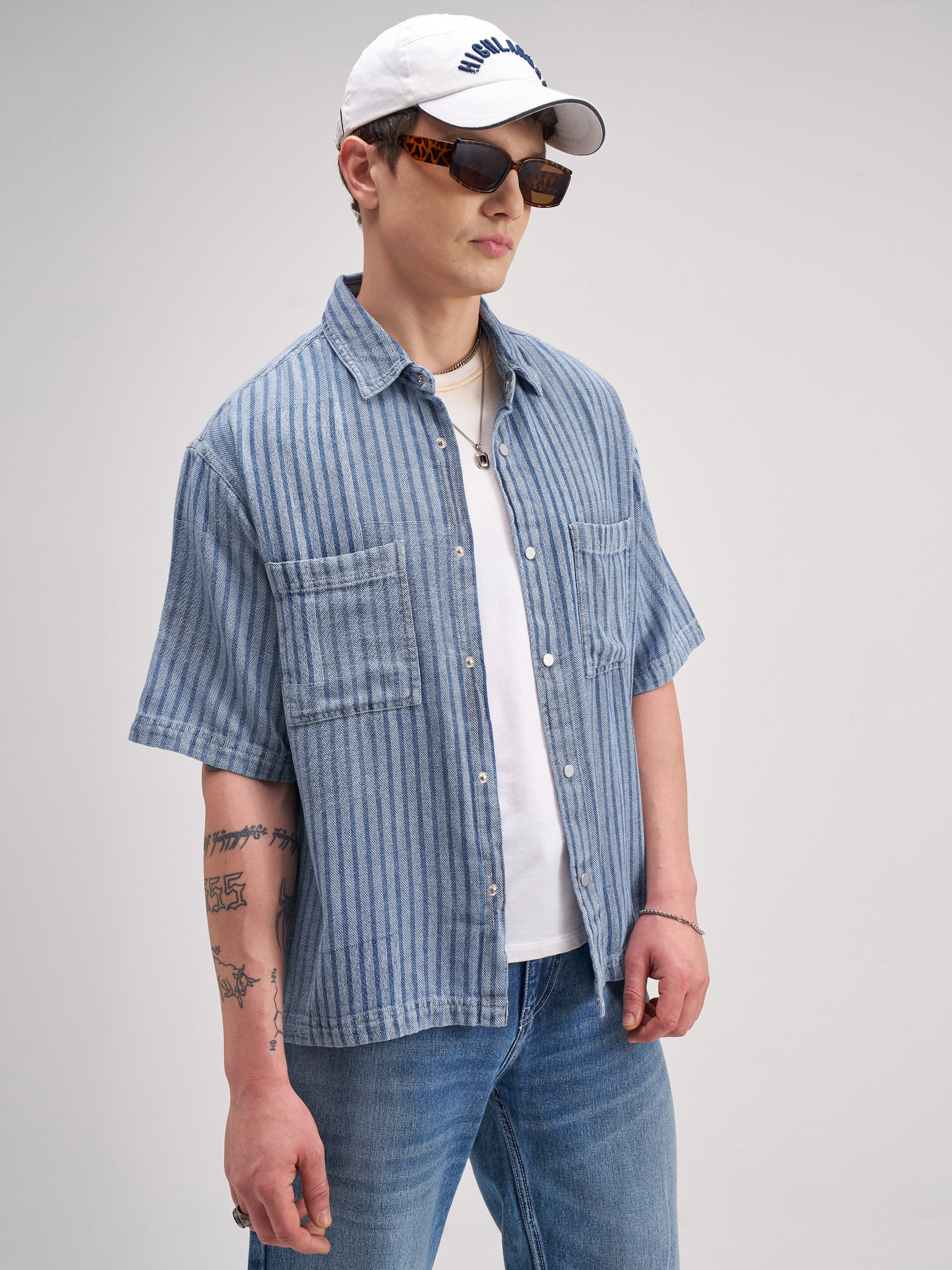 Highlander Men Blue Self Design Boxy Fit Casual Shirt - Blue - Image 6