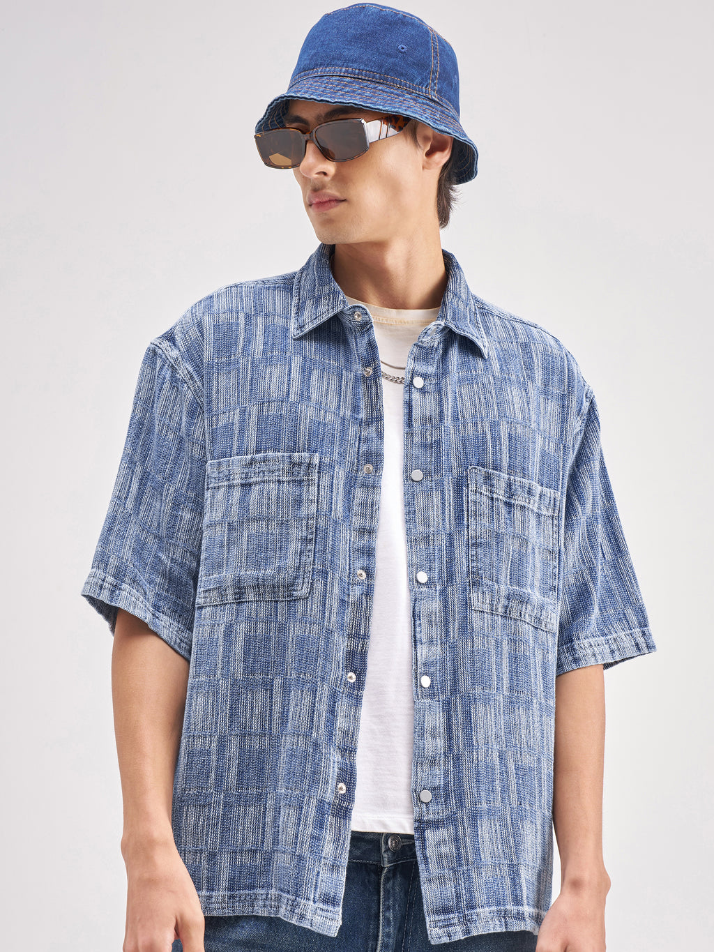 Highlander Men Blue Self Design Oversized Fit Casual Shirt - Blue - Image 1