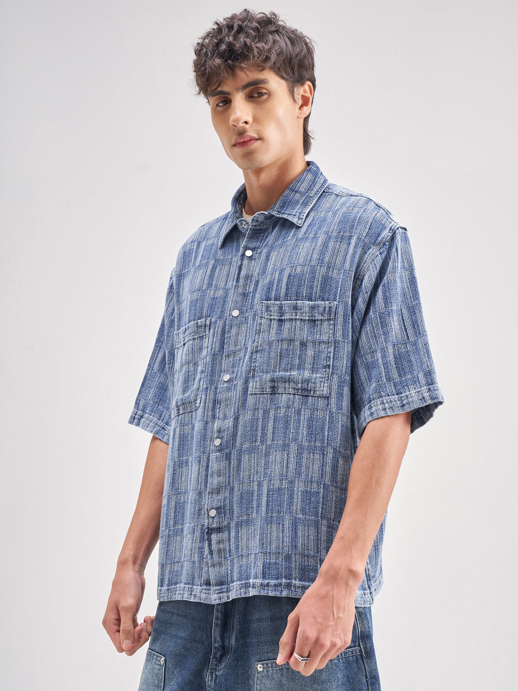 Highlander Men Blue Self Design Oversized Fit Casual Shirt - Blue - Image 4