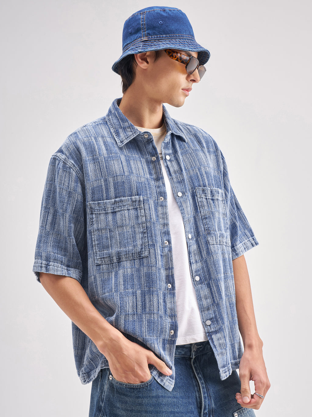 Highlander Men Blue Self Design Oversized Fit Casual Shirt - Blue - Image 6
