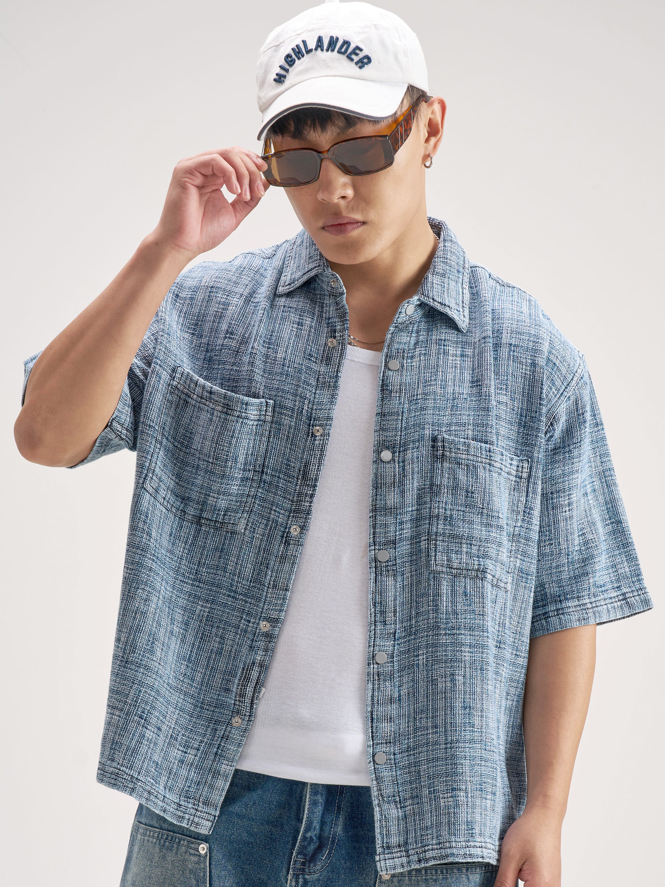 Highlander Men Blue Self Design Boxy Fit Casual Shirt - Blue - Image 1