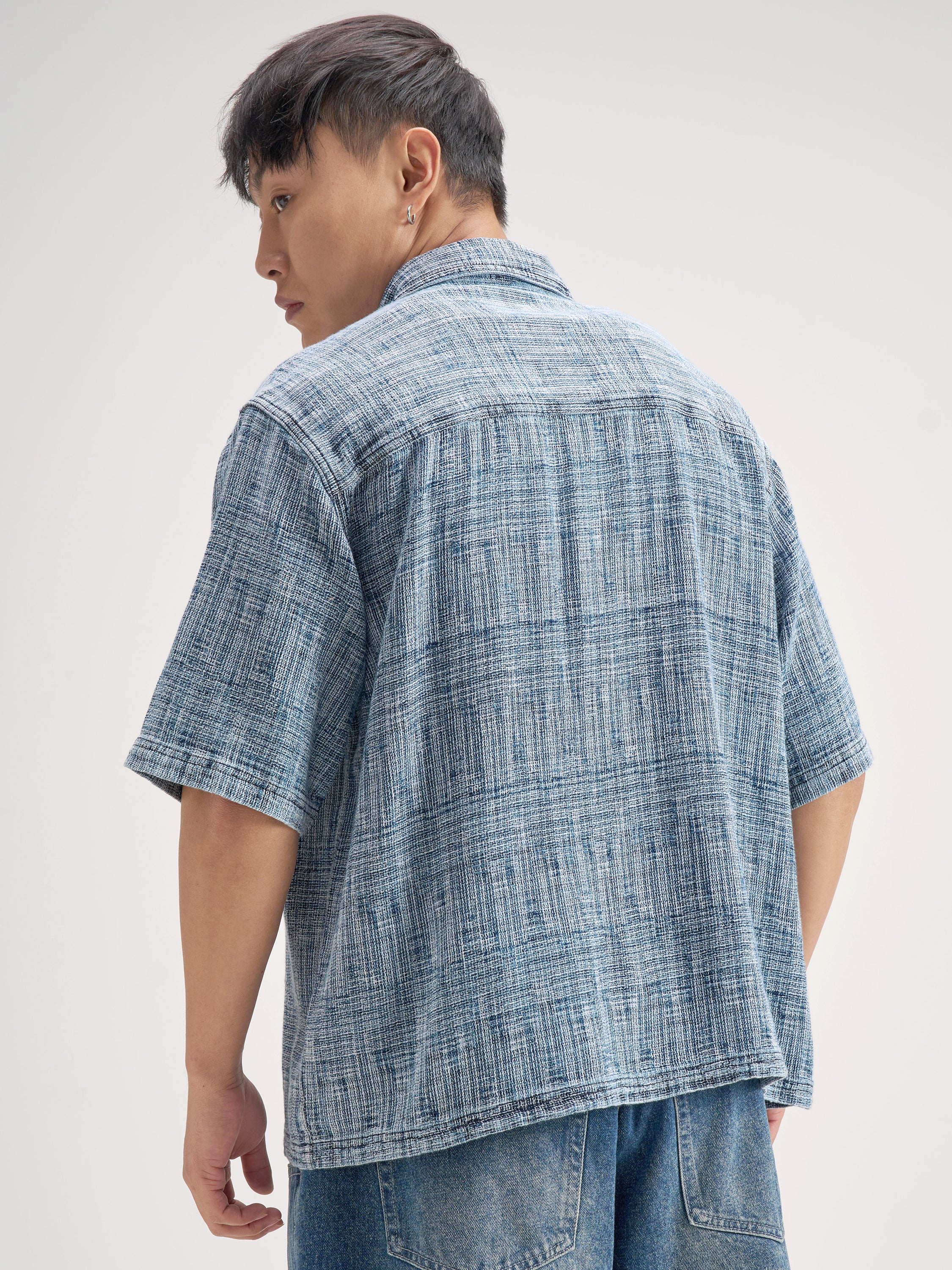Highlander Men Blue Self Design Boxy Fit Casual Shirt - Blue - Image 3