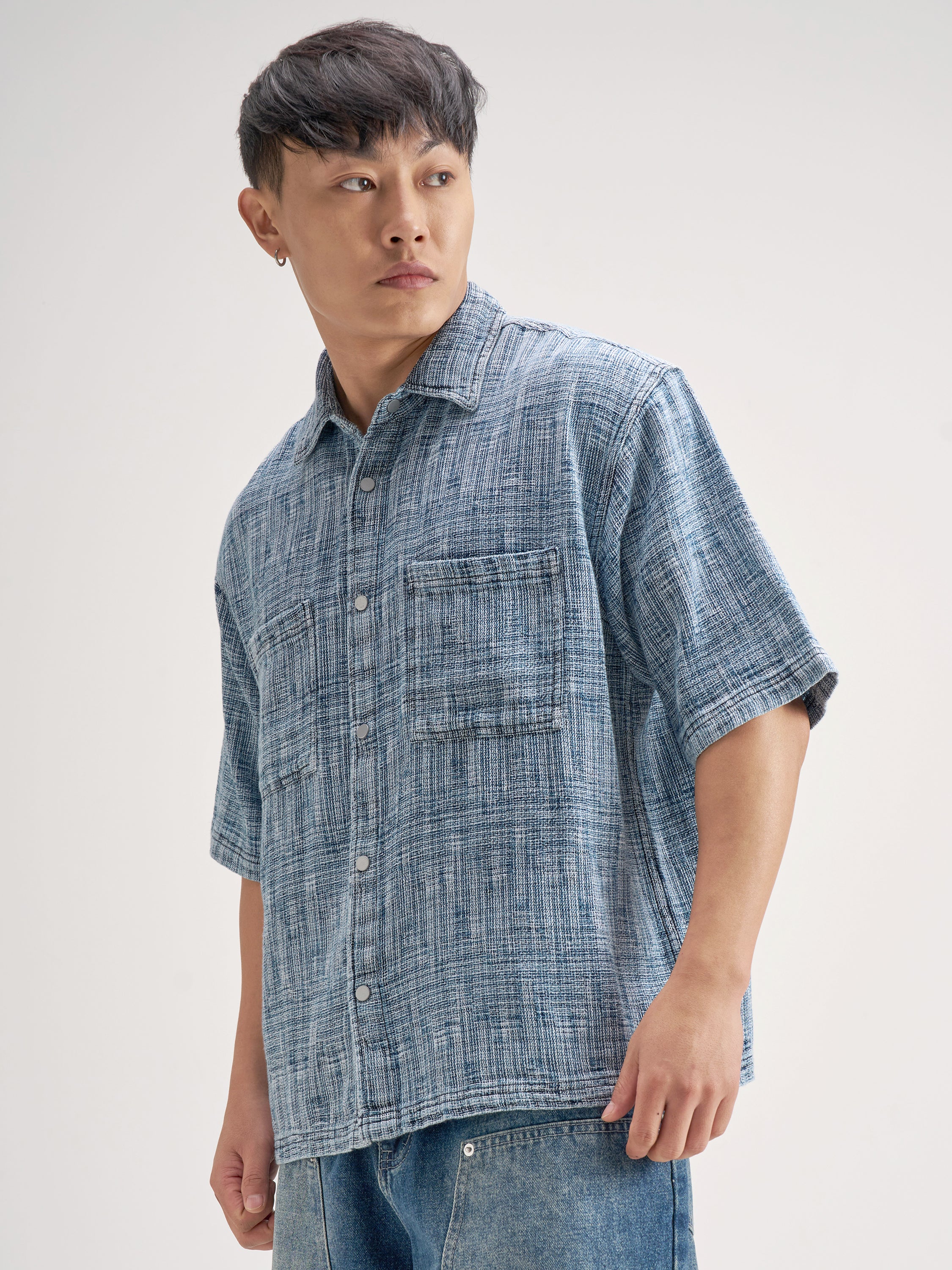 Highlander Men Blue Self Design Boxy Fit Casual Shirt - Blue - Image 4